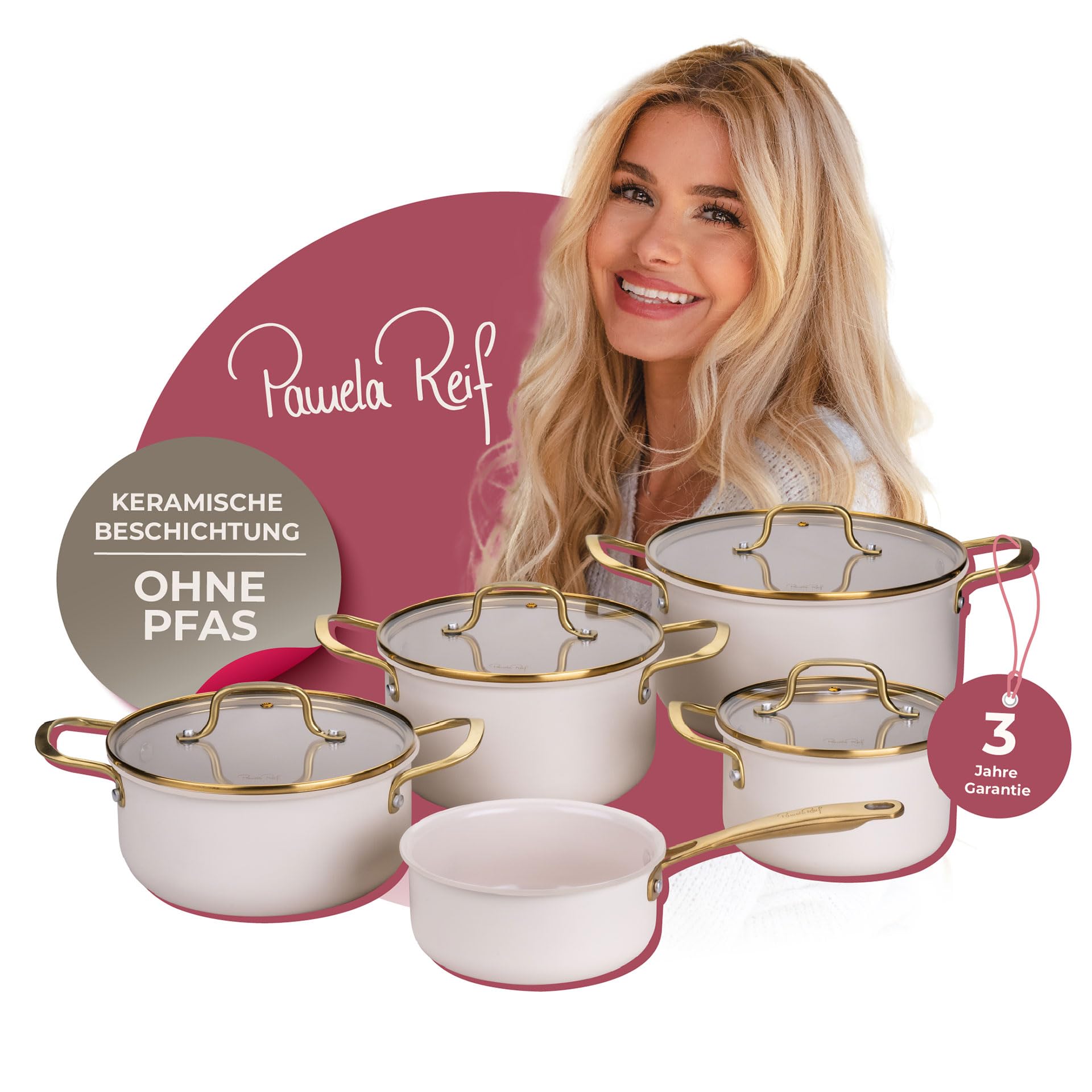 Fackelmann x Pamela Reif Kochtopf-Set 9-tlg. – Recyceltes Aluminium, Pastell Beige, inkl. Glasdeckel, PFAS-freie Keramikbeschichtung, Induktionsgeeignet