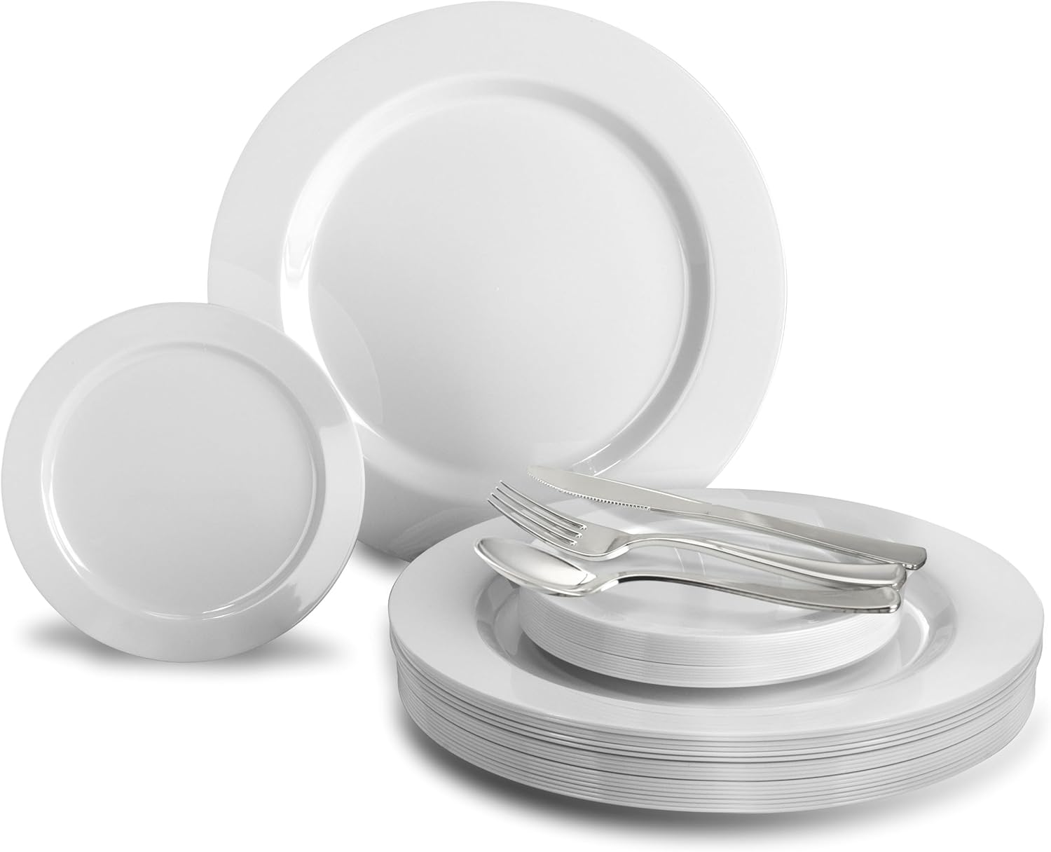 OCCASIONS 300 Pcs Set & 60 Guest Wedding Disposable Plastic Plate & Silverware Combo Set (Plain white plates, Silver Silverware)