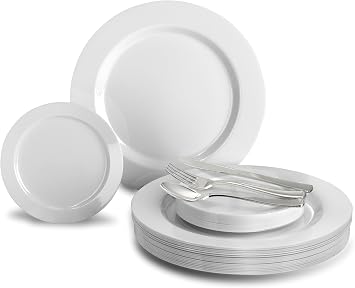 OCCASIONS 600 Pcs Set & 120 Guest Wedding Disposable Plastic Plate & Silverware Combo Set Plain White Plates, Silver Silverware