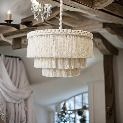 Miniatura 8 de Lámpara de araña bohemia, lámpara colgante con borlas, candelabro de flecos. Lámpara de macramé hecha a mano, lámpara de techo con flecos de algodón