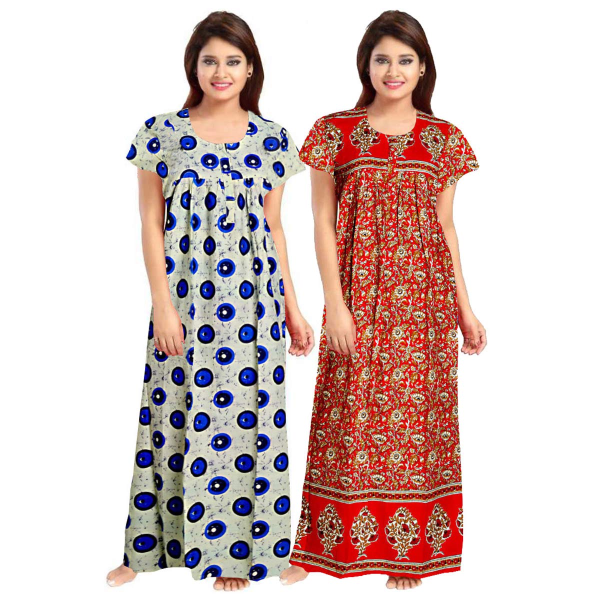 Trendy FabWomen's Cotton Full Length Nighty (Multicolour Free Size) -Combo Pack of 2 Pieces