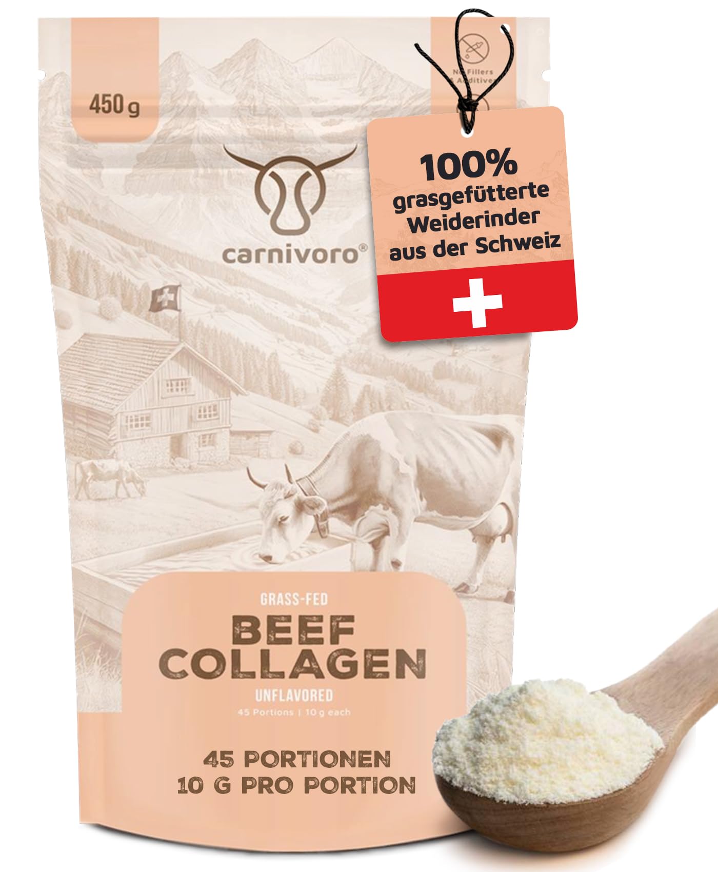 carnivoro Poudre de collagène de bœuf [450 g] - Hydrolysat de collagène de qualité supérieure de Suisse - Peptides de type 1 et 3 - Bonne solubilité - Neutre au goût