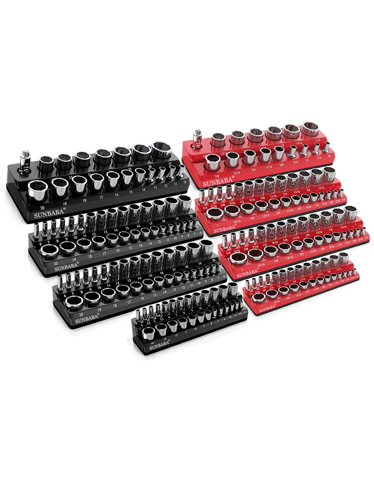 SUNBABA 8-Piece Magnetic Socket Organizer Set,1/2", 1/4" and 3/8" SAE & Metric Deep & Shallow Socket Holder Kit, Socket Trays, holds 197Pcs Sockets (