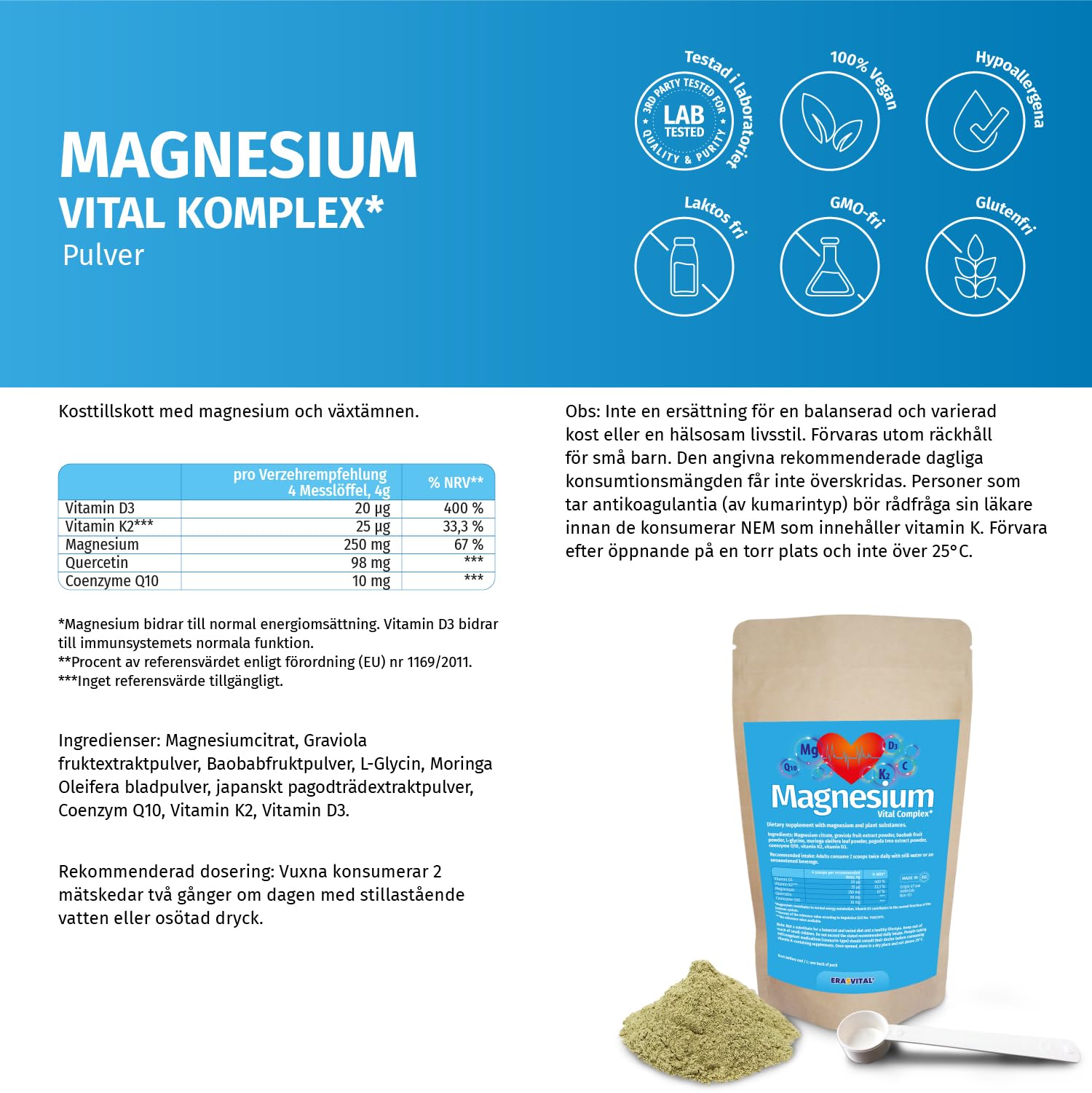 Magnesium Vitalkomplex Pulver mit Magnesium-Citrat, Baobab Fruchtpulver, L-Glycin, Coenzym Q10, Vitamin K2, Vitamin D3. Vegan (500 g (1 er Pack))