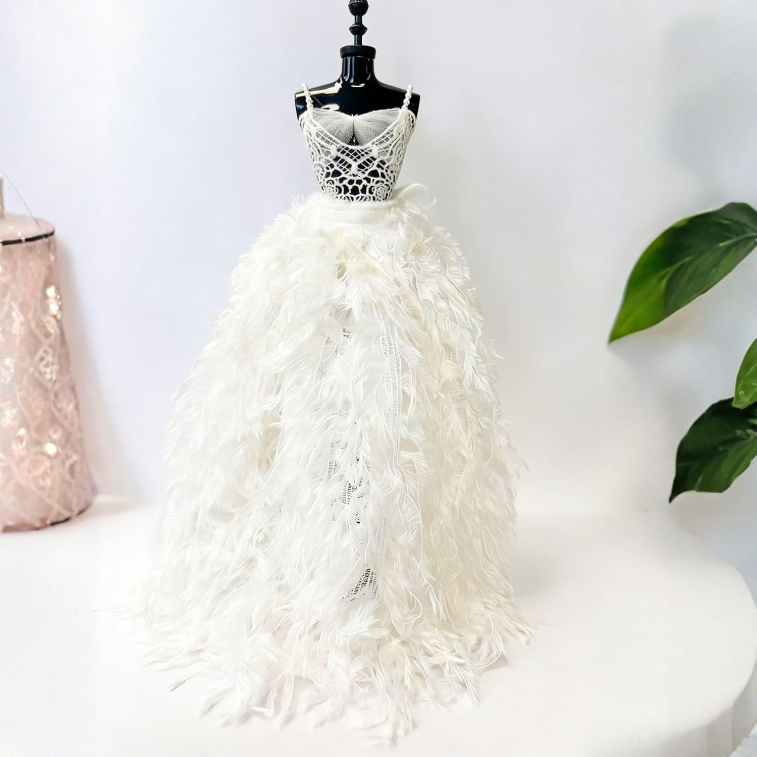 Elegant White Feather Dress with Headdress for 11.5-12 Inch Fashion Dolls, 2 Piece Outfit Set for 1/6 BJD Dolls
