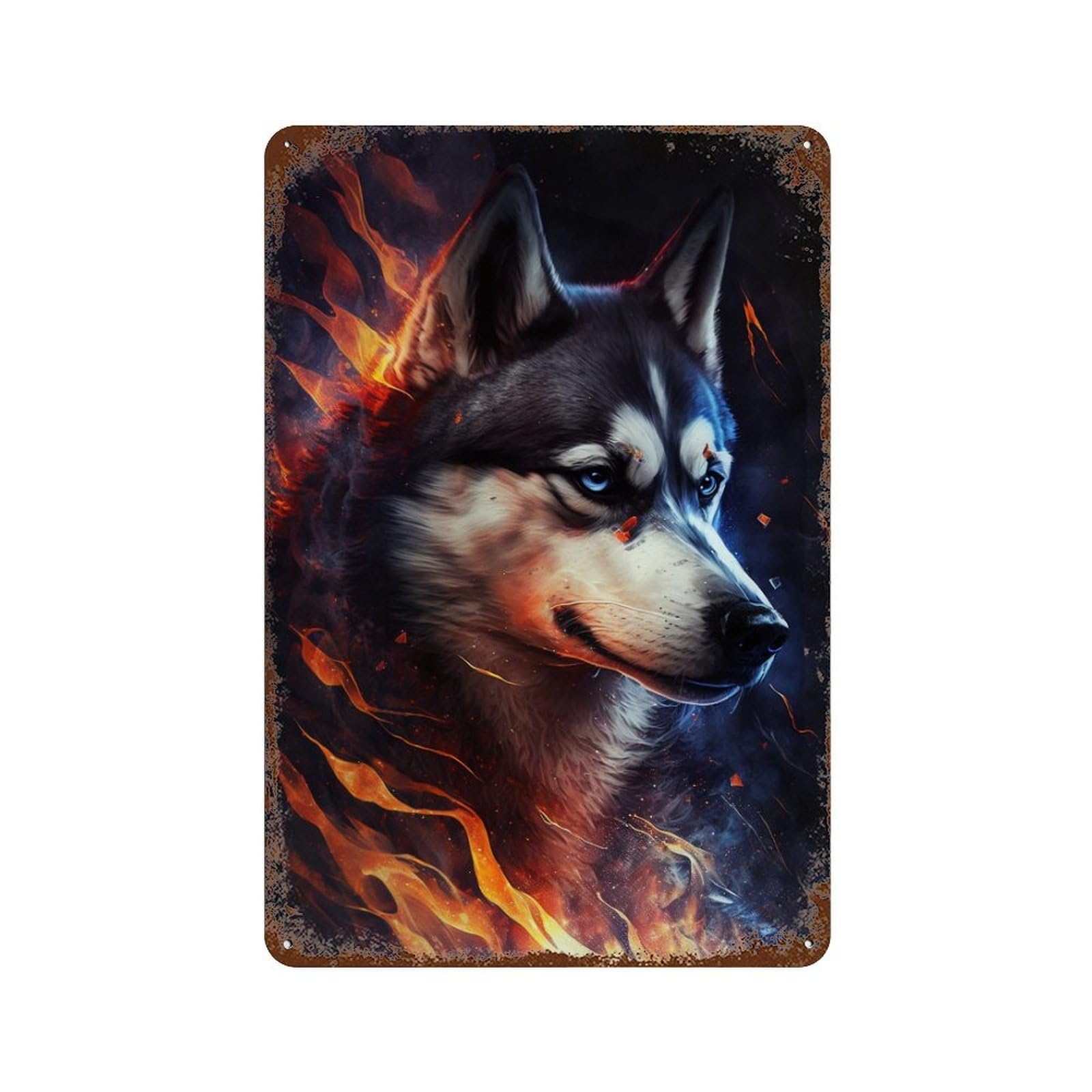 Flaming Wolf Art Print -2 11.8"x7.9" Weathered Tin Sign, Shabby Chic Decor for Cafe, Home Bar And Lounge Decor