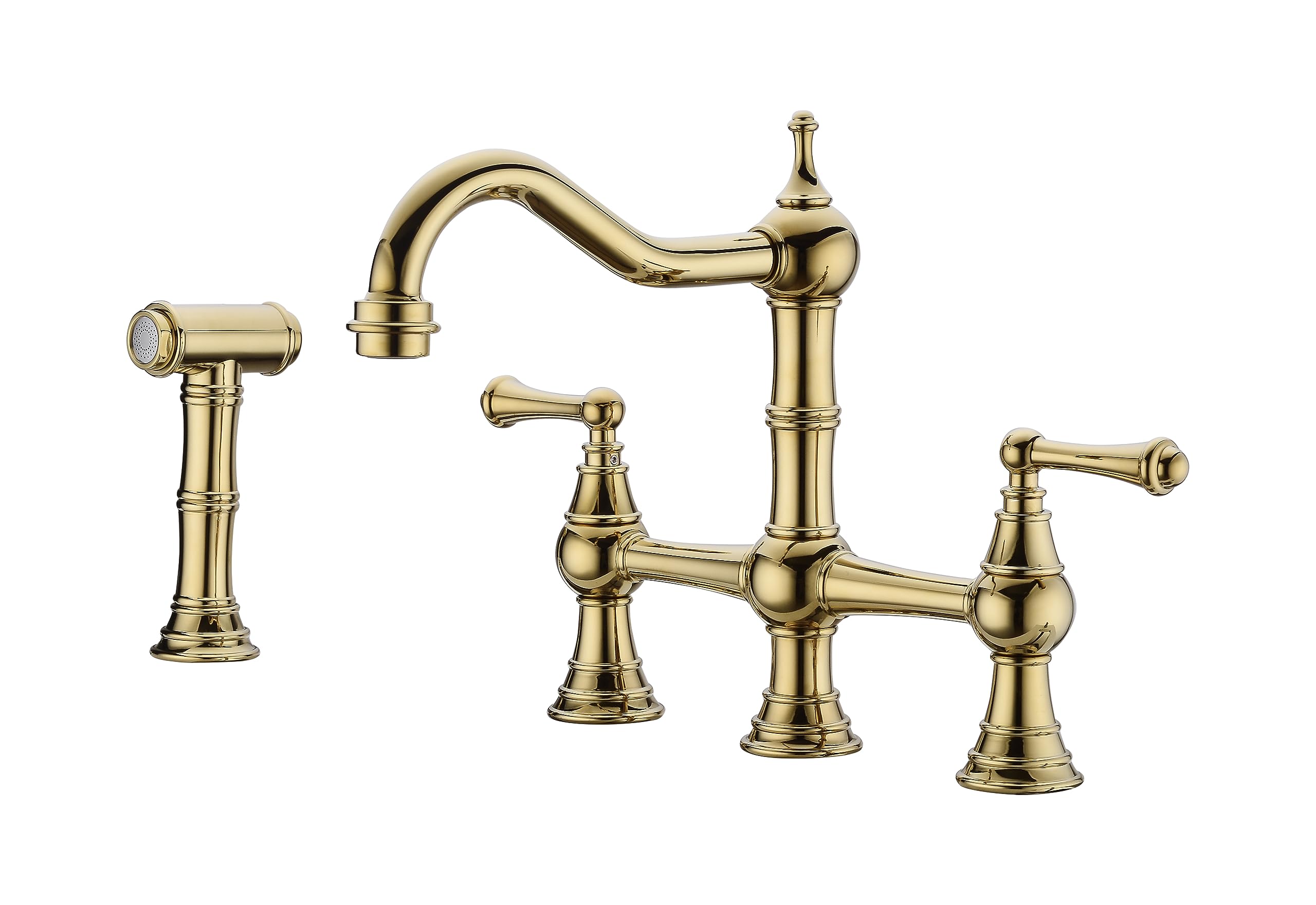 Bridge Kitchen Faucet Brass With Side Sprayer, 4 Hole Kitchen Faucet 2 Handle 8 Inch Centerset Faucet For Kitchen Sinks, Heritage Brushed Gold Kitchen Sink Faucet