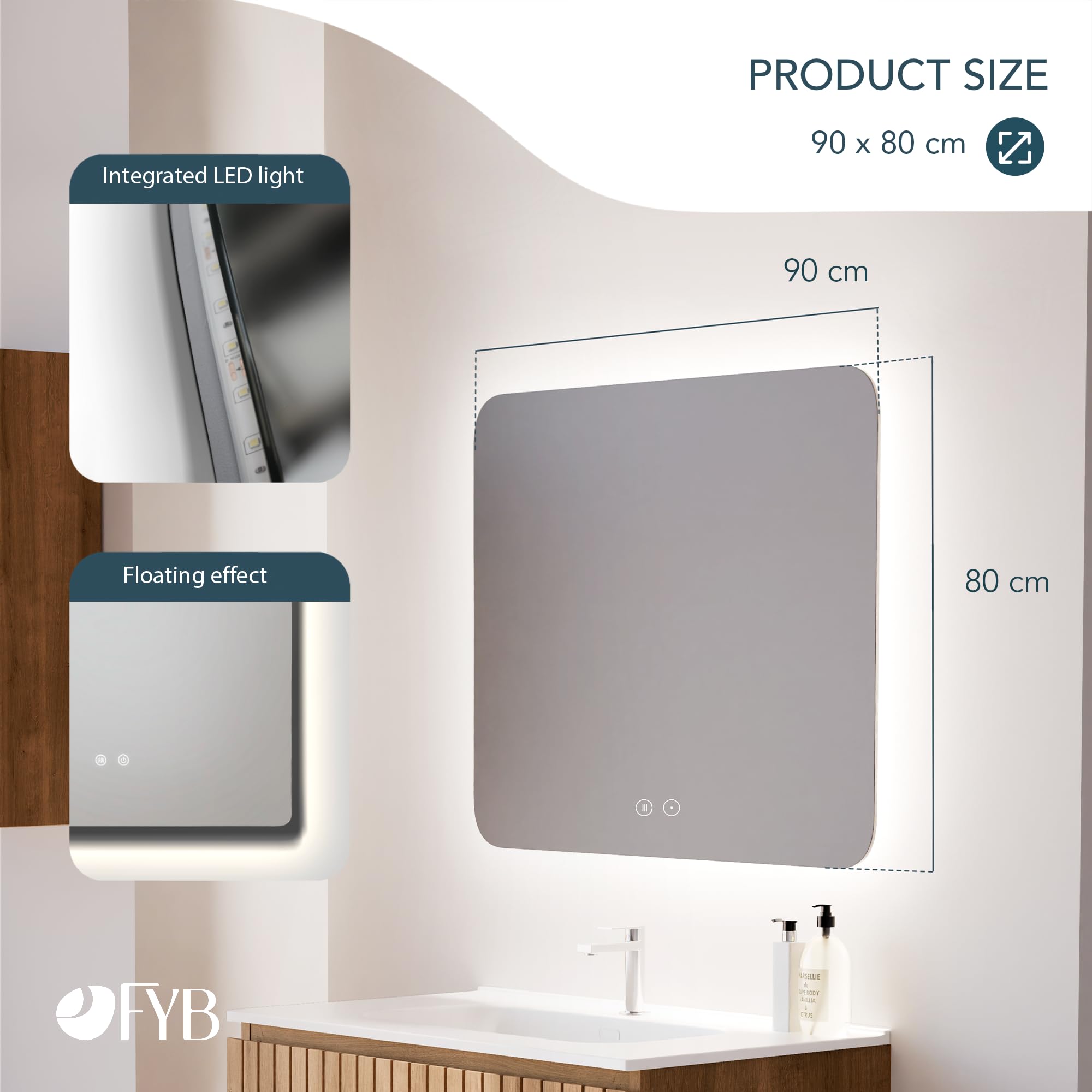 Prostokątne lustro łazienkowe LED 70x80 cm, regulowane światło, dotykowe, funkcja przeciwmgielna