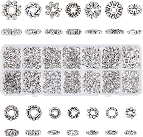 PH PandaHall 480 cuentas espaciadoras plateadas, cuentas de joyería de 14 estilos, engranaje de flores de metal, copos de nieve, cuentas de