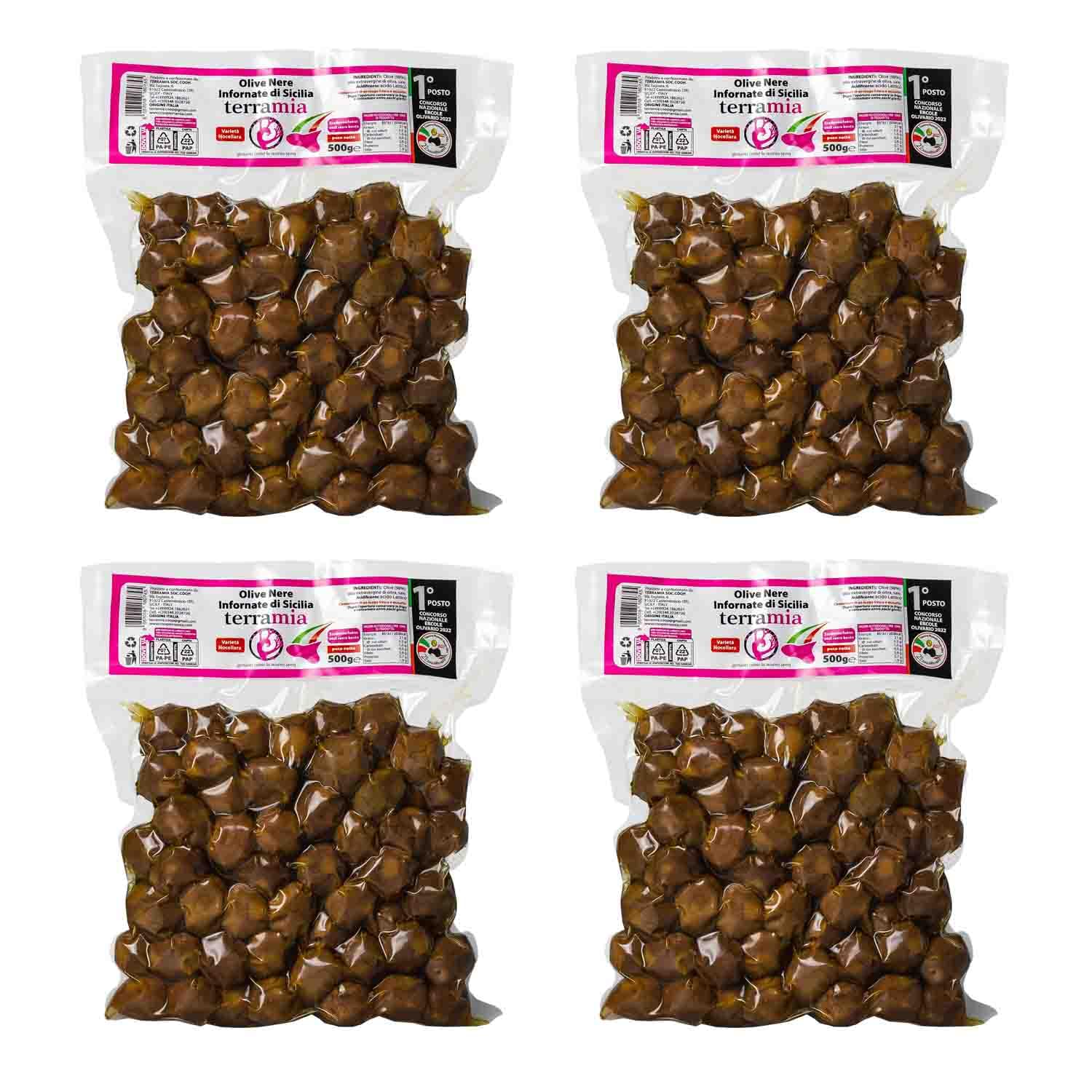 Terramia Olive Nere Infornate Siciliane – Ricetta Artigianale Tradizionale, da Azienda Premiata Ercole Olivario e Monna Oliva, Formato Scorta 2kg (4 Buste x 500g)