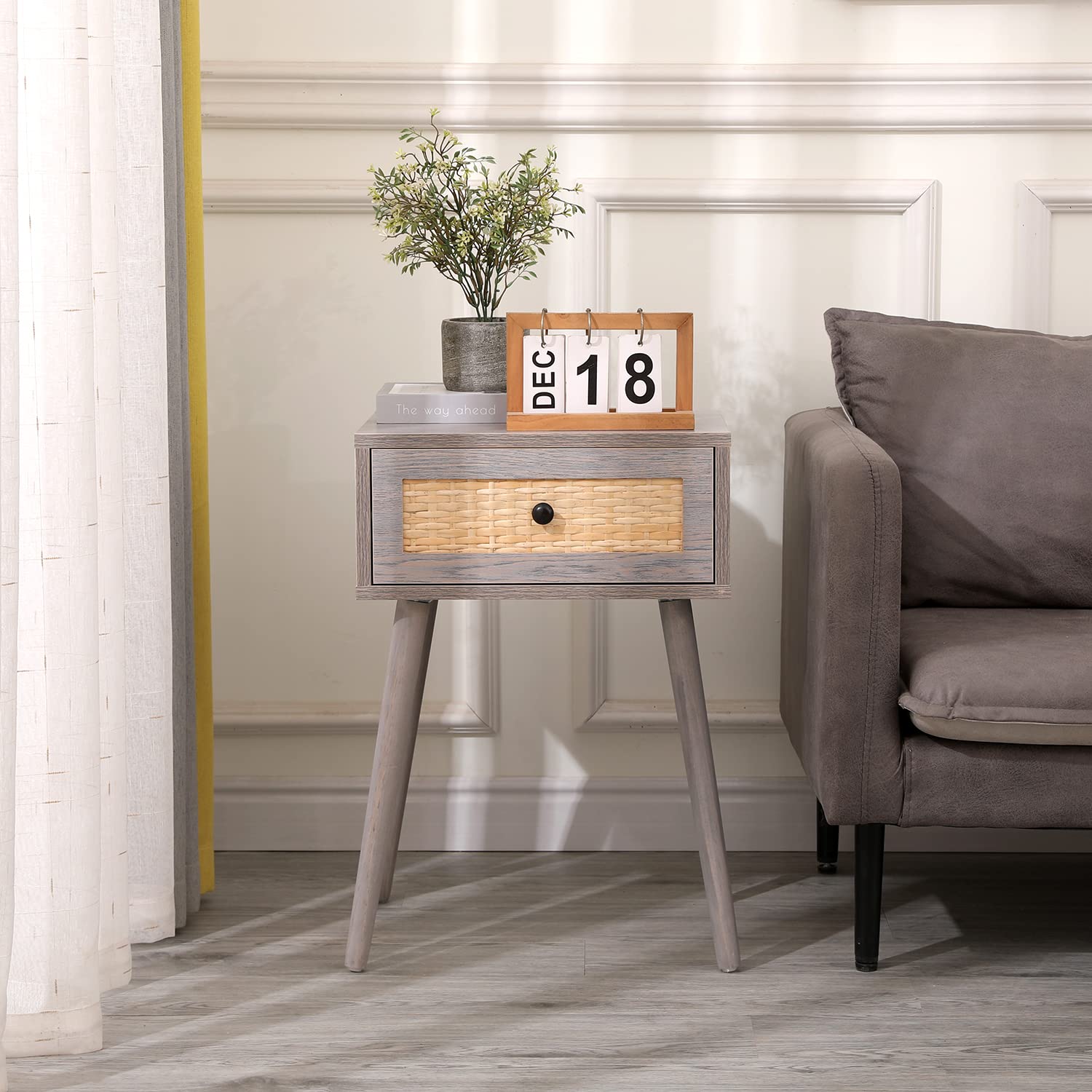 vipace Set of 2 Nightstands, End Side Bedside Table with Storage Drawer and Solid Wood Legs, Mid-Century Modern Night Stands for Bedroom Living Room Furniture (Grey)