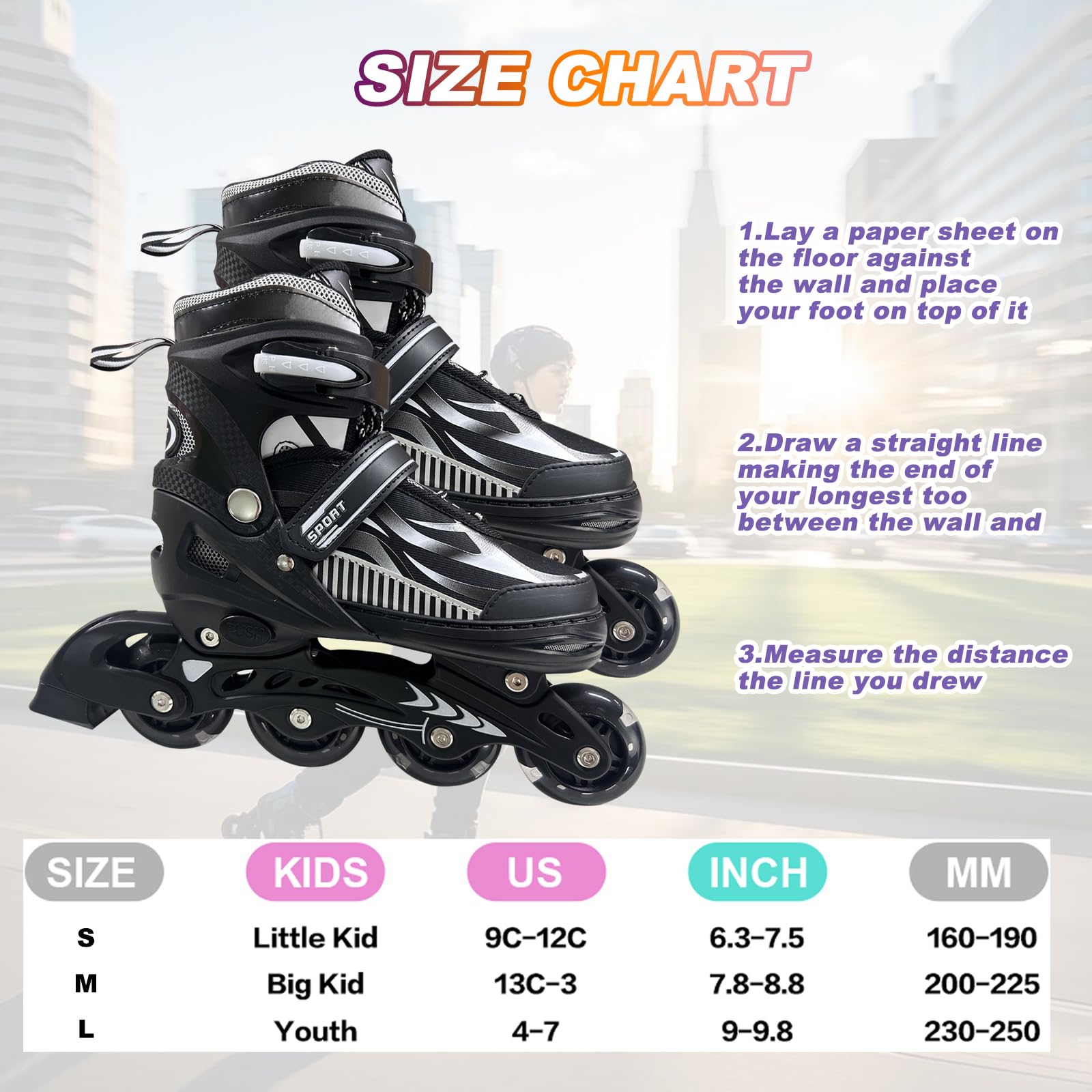 Adjustable Inline Skates for Kids and Teens Ages 4-16, All 8 Wheels of Inline Roller Skates Light Up, Safe and Fun Illuminating for Outdoor Indoor Sports (Black, Large -Youth (4-7 US))
