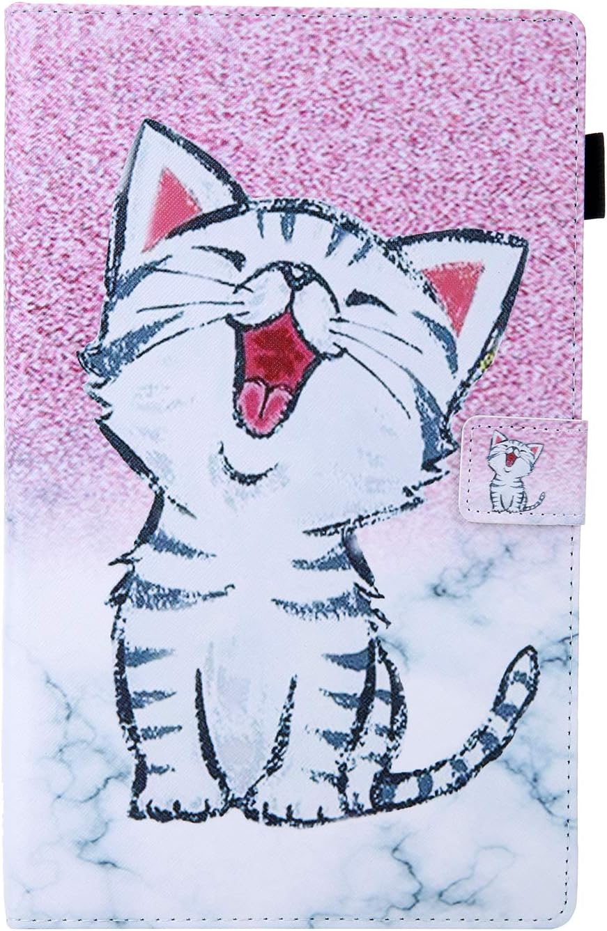 for Amazon Kindle Fire HD 10 Case 9th/7th/5th Generation 10.1 inch Tablet 2019/2017/2015, Smart Folio Stand PU Leather Cover with Pencil Holder/Card Slots [Auto Sleep/Wake], Pink Cat Marble