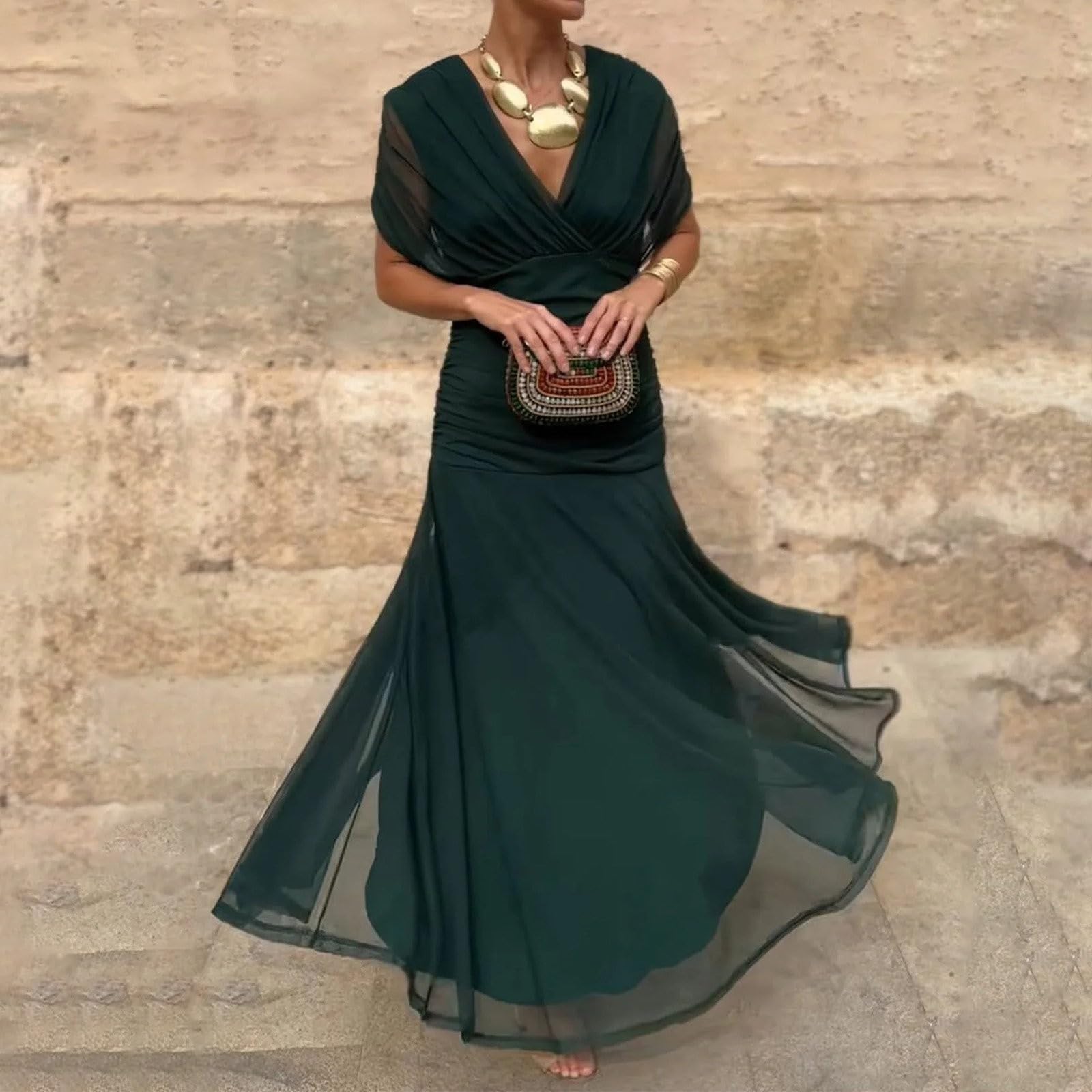 Abito estivo da donna, elegante, lungo, in chiffon, con scollo a V, abito da damigella d'onore, sciancrato, elegante, in tulle, leggero, arioso, linea ad A, abito da sera