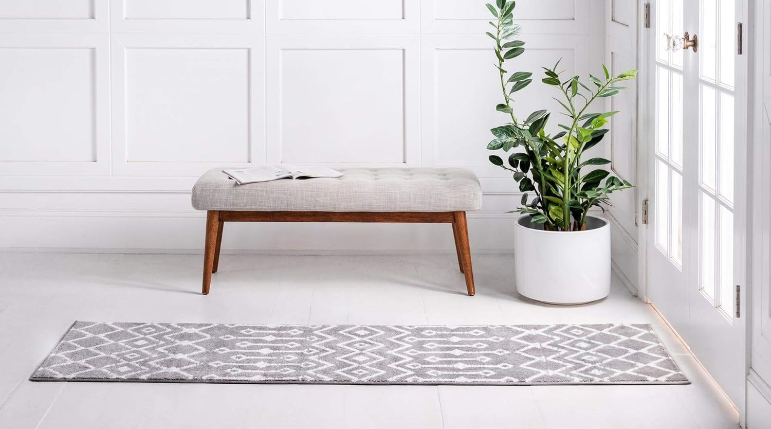 Rugs.com Geometric Kasbah Trellis Collection Rug – 2' X 6' Runner Light Gray Low Pile Rug Perfect for Living Rooms, Large Dining Rooms, Open Floorplans