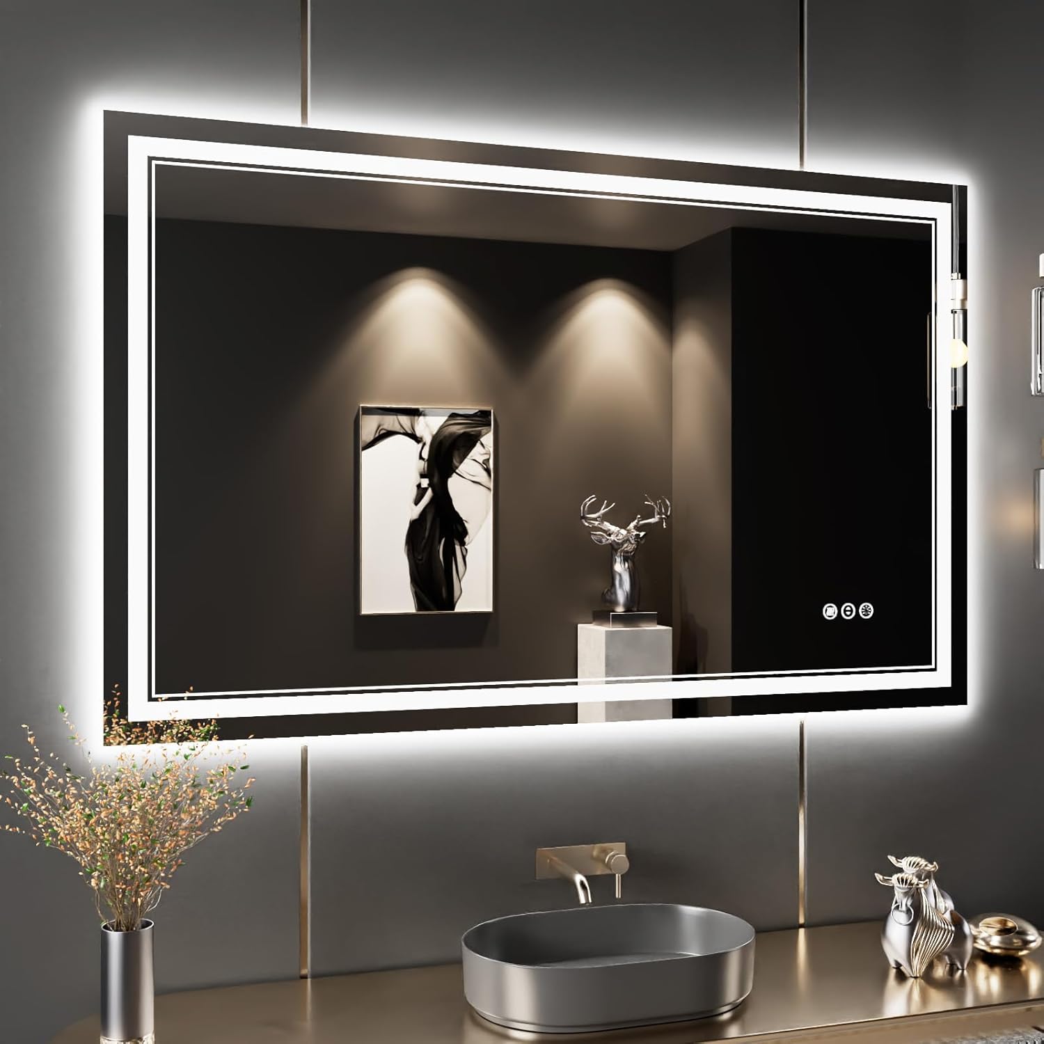 48 x 30 Inch LED Bathroom Mirror with Lights, Front and Backlit Anti-Fog Dimmable Memory Lighted Bathroom Vanity Mirrors for Wall, Shatterproof Led Mirror for Bathroom Frameless 48"x30"