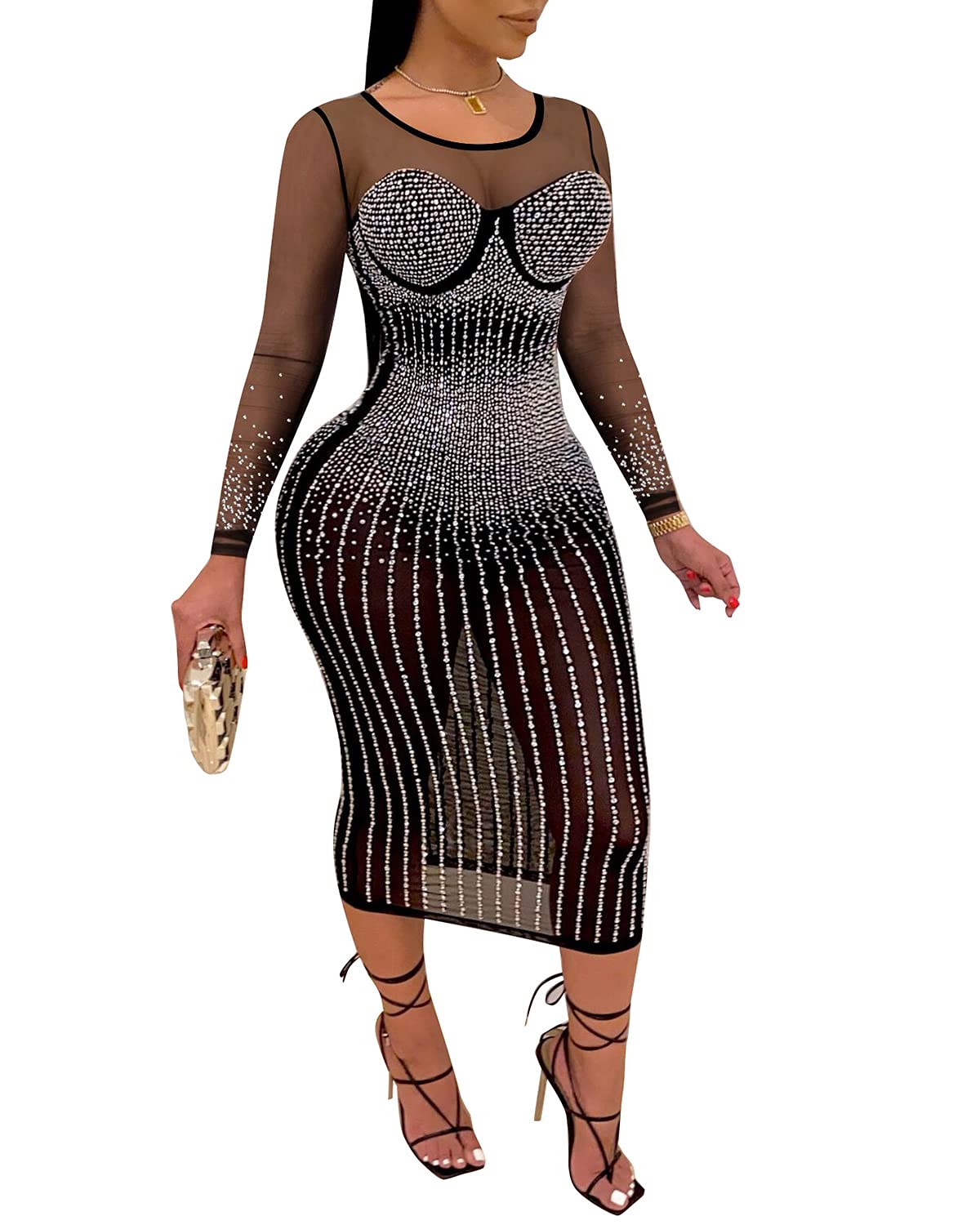 PORRCEY Sexy Elegant Rhinestone Dress for Women Mesh See Through Bodycon Birthday Cocktail Party Club Night Evening Gowns