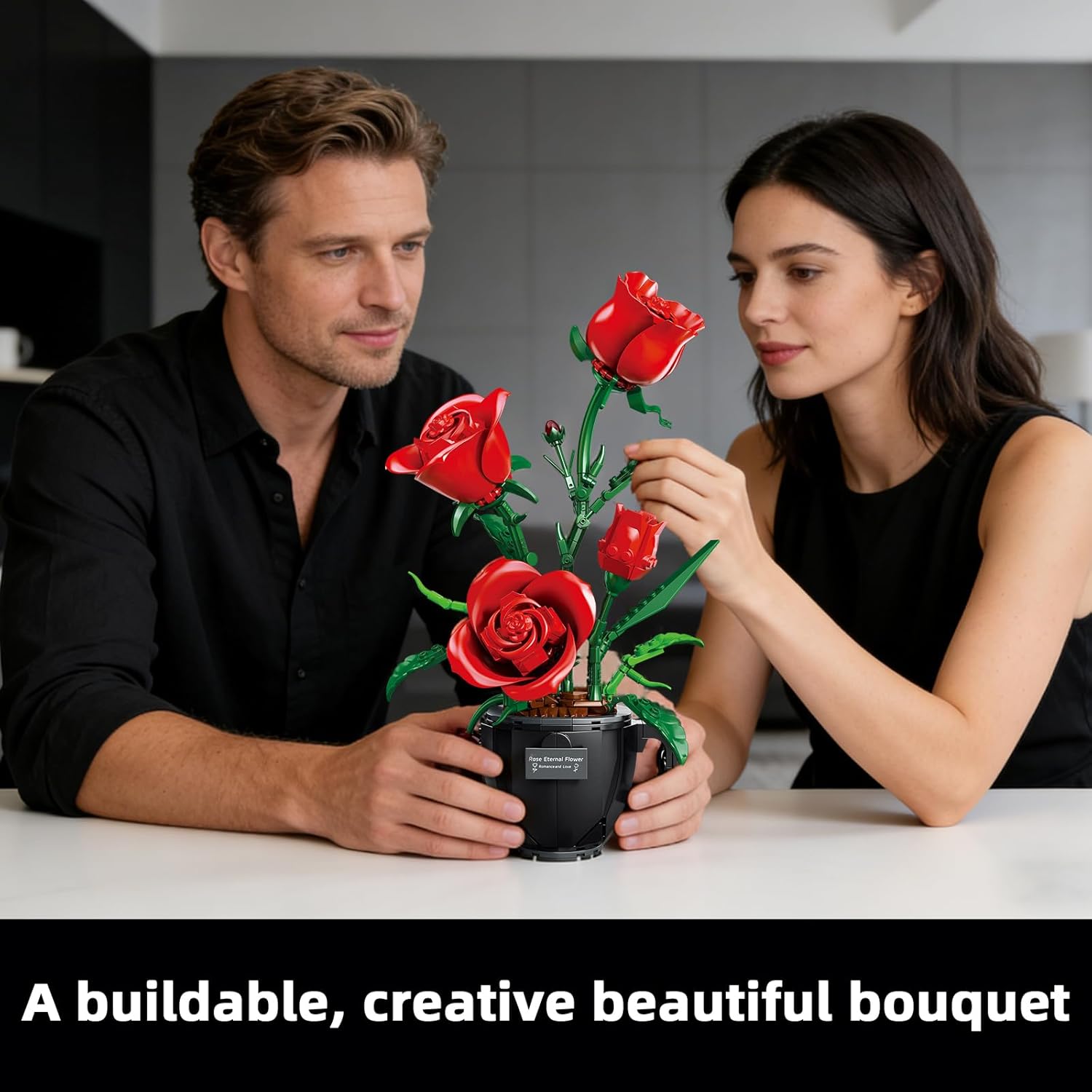 Red Roses Building Blocks Set with Vase for Adults Ages 14+, Flowers Bouquet Kit Compatible with Lego Botanicals, Home Desk Decoration for Birthday Gift(450 Pcs)