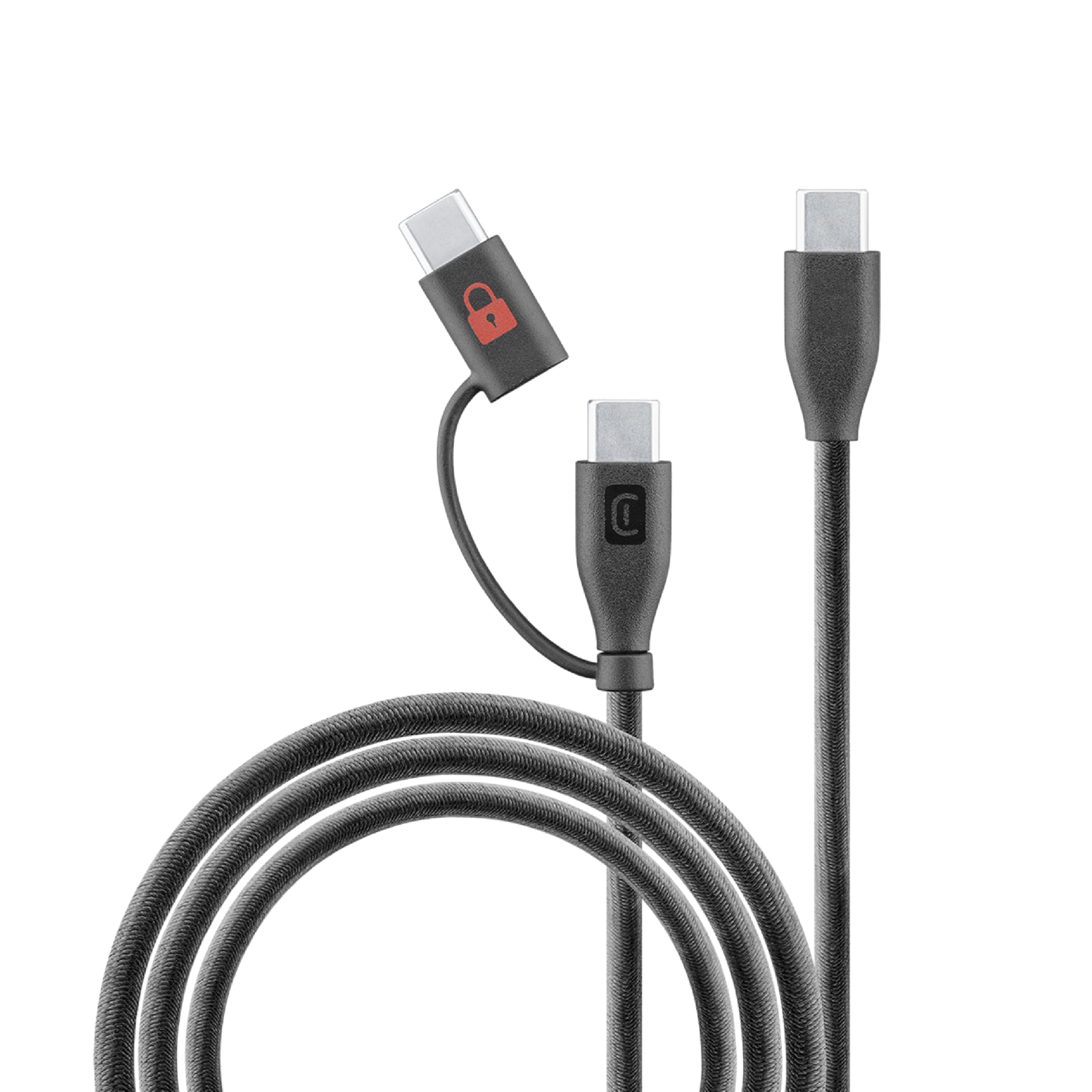 cellularline cavo USB-C Data Security Cable con adattatore data blocker integrato per il blocco dei dati, ricarica sicura fino a 60 W e una lunghezza di 150 cm, nero