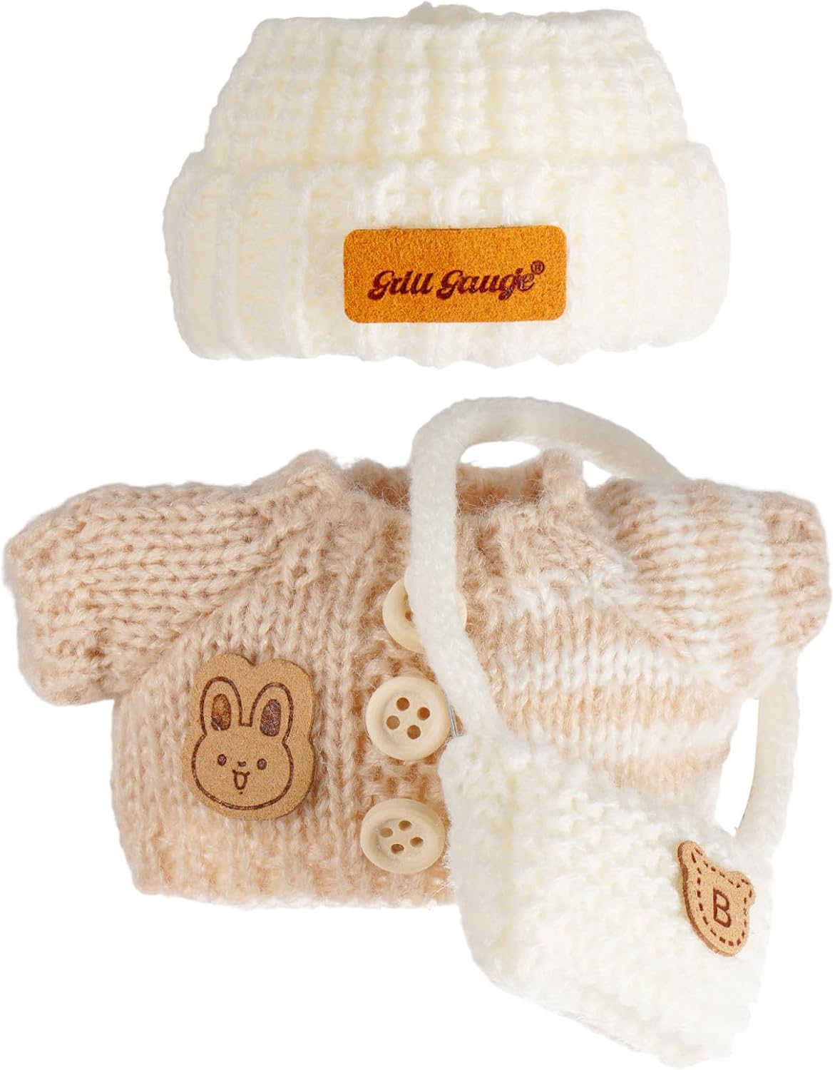 Clothes for 17cm Dolls, Clothes Set for 17cm Doll, Crochet 3 Piece Set Hat Clothes Backpack for Doll, Stylish Adorable Dolls Clothes Accessories (No Doll) (Khaki)