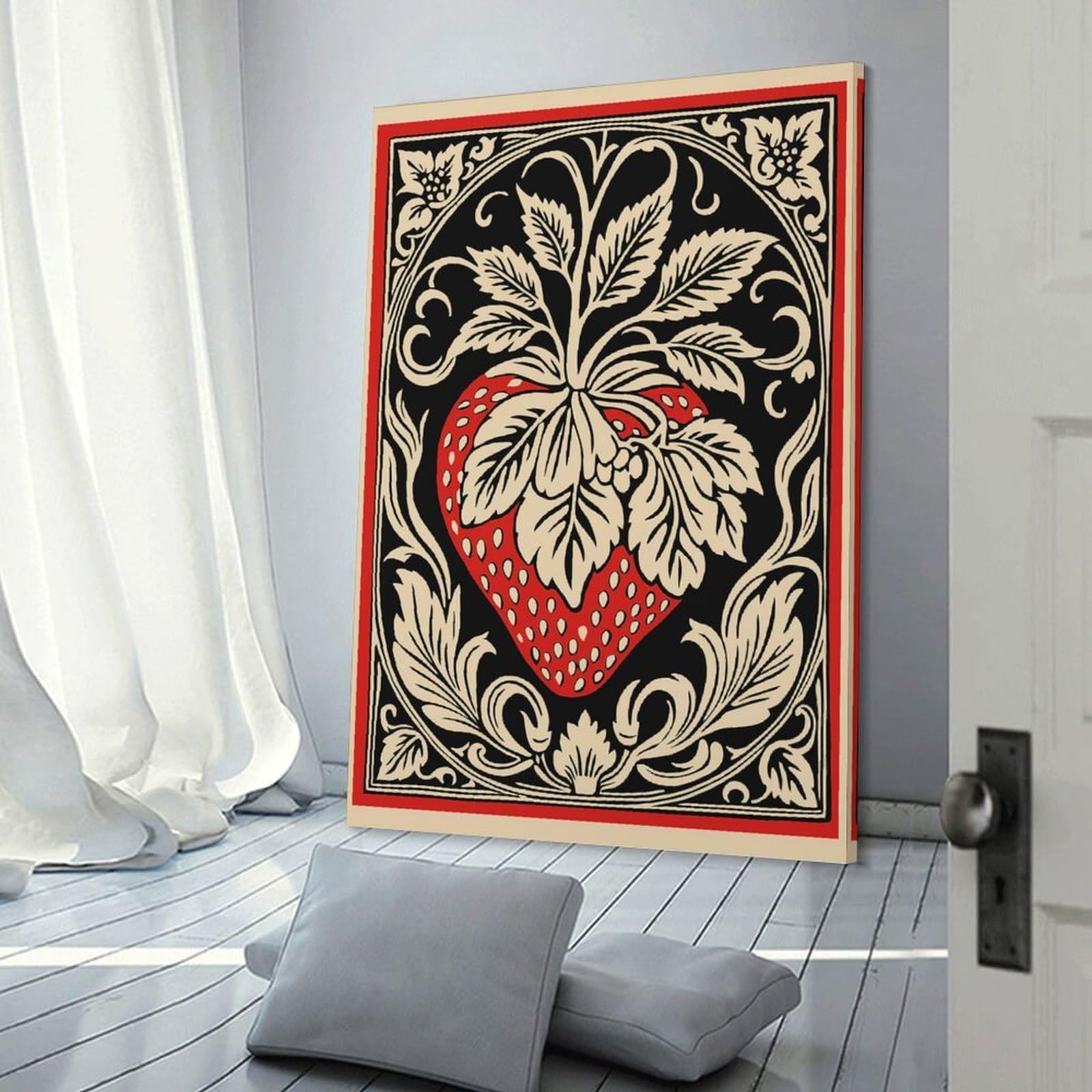 Junmoney Frame-Style-16 Strawberry Floral Art Nouveau Illustration Canvas Wall Decor 24X36inch(60X90cm), For Workspace Walls, Study Corners Or Bedrooms, Decorative Artwork For Productive Spaces