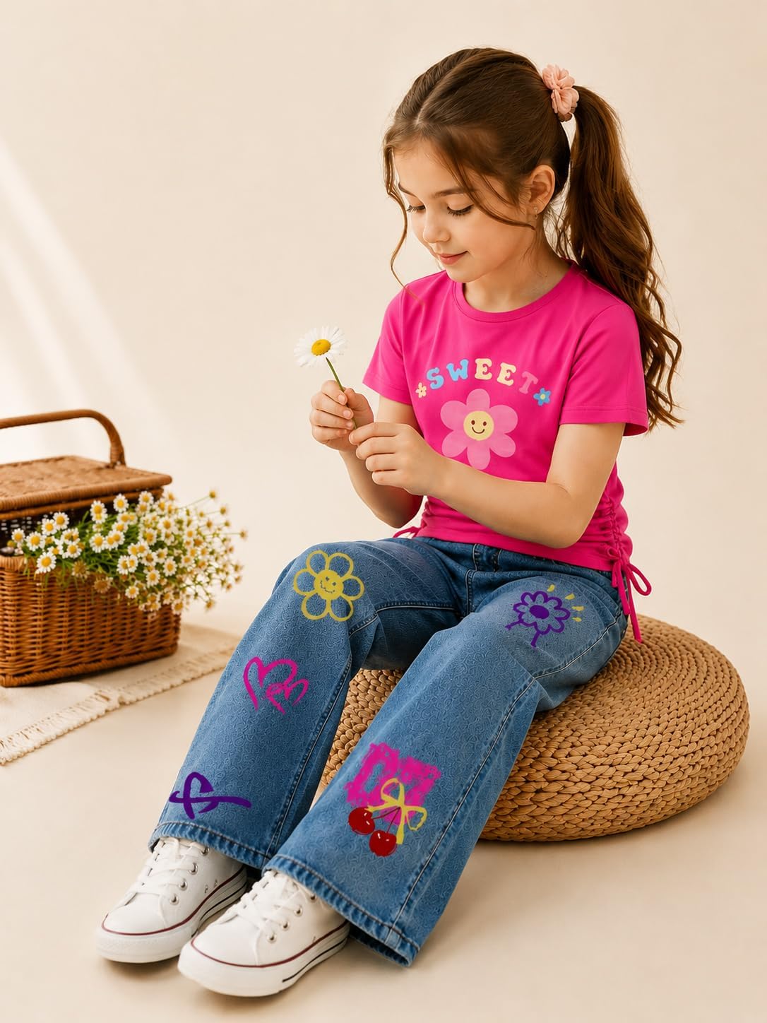Toddler Kids Girls Clothes Short Sleeve Top + Straight Leg Jeans 2PCS Summer & Fall Casual Outfits Set for Size 4-8T