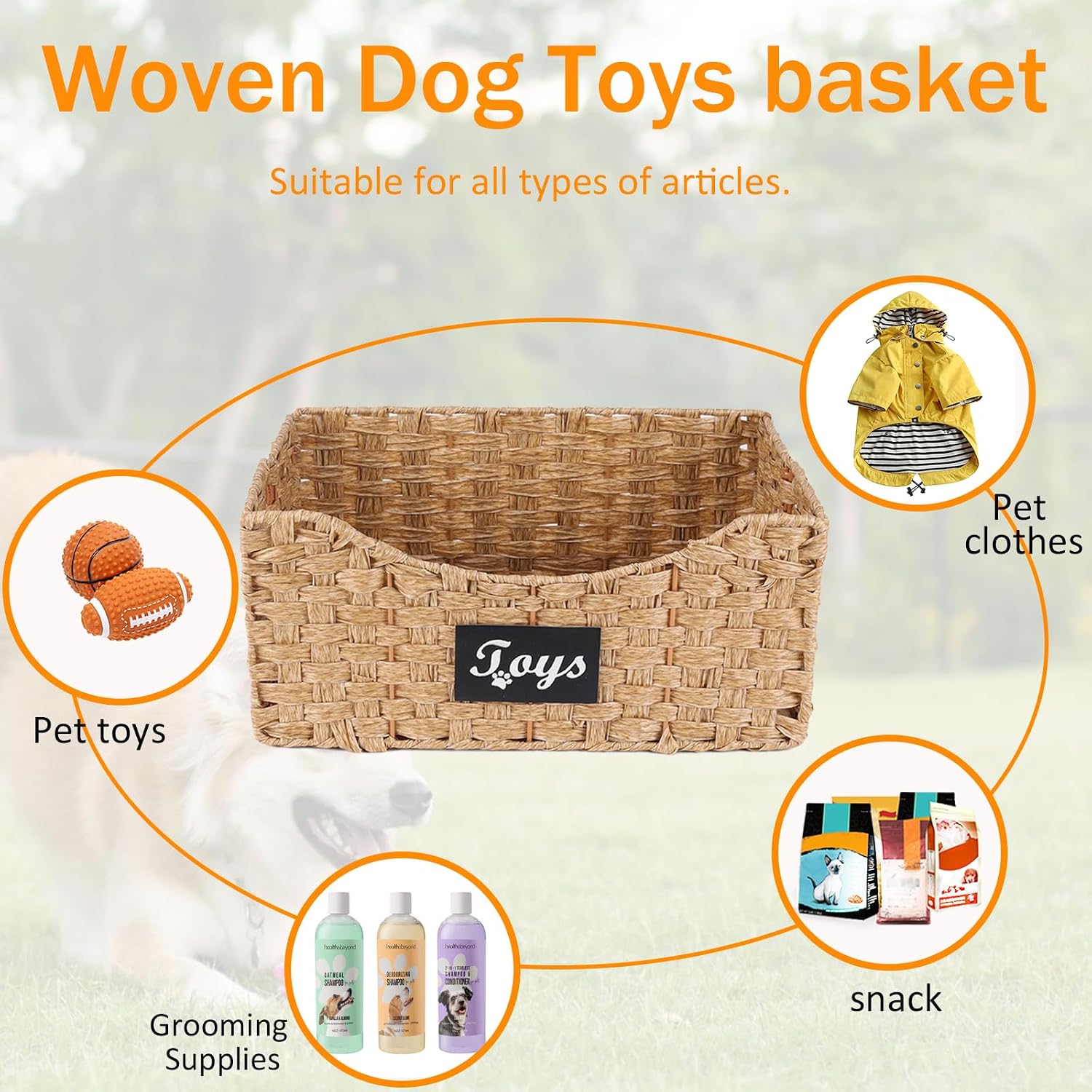 Dog Toy Storage Basket Medium,Wicker baskets for Dogs Cats,Pet Toys Bin,Collapsible Puppy Toys Box with Wire Frame,Ideal for Storing Pet Supplies, Easy-Access(Brown)