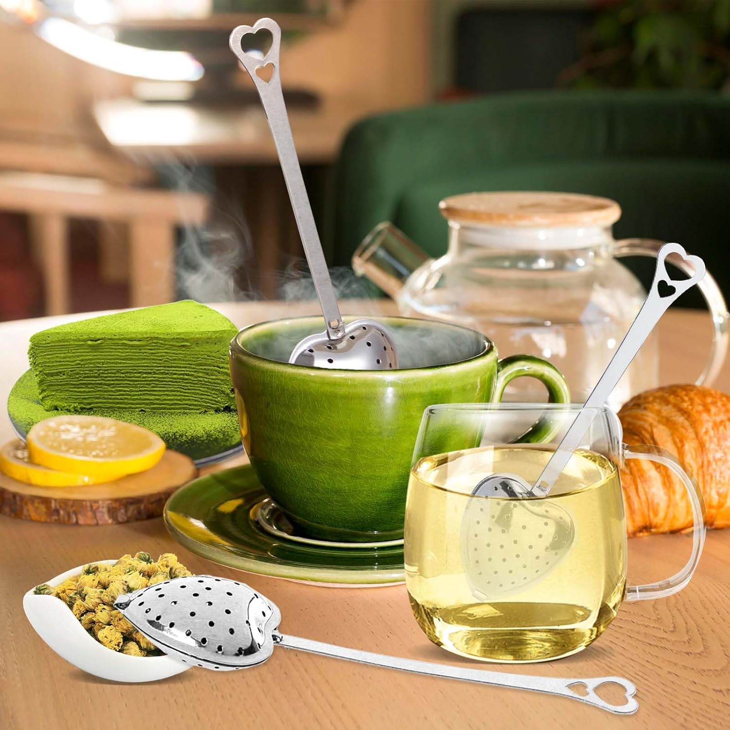 50 Pieces Tea Infuser for Loose Leaf Tea, Heart Shaped Tea Strainer Spoons Stainless Steel Long Grip Tea Filter Mesh Tea Steeper for Tea Party Accessories
