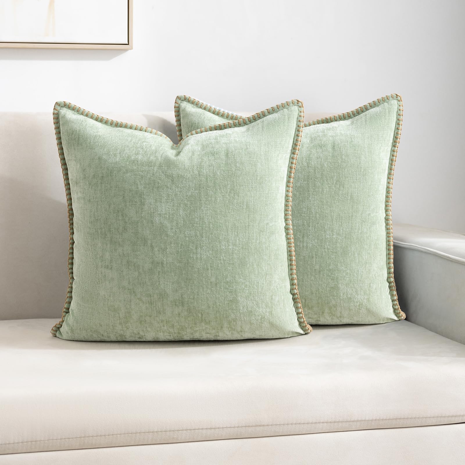 HOSHEN HOME Decorative Throw Pillow Covers Pack of 2, 18x18 In Chenille Soft Pillow Covers with Stitched Edge, Farmhouse Neutral Euro Decorative
