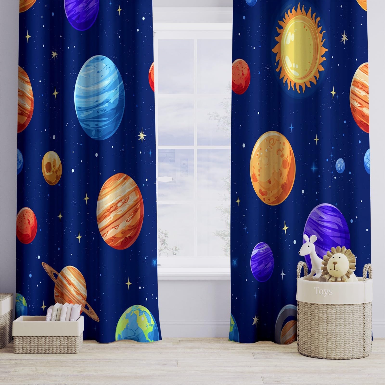 Générique Zasłony izolowane termicznie, 140 L x 260 H cm, zestaw 2 zasłon z kreskówkowym systemem słonecznym, z przelotkami, zaciemniające, redukcja hałasu, do sypialni i salonu, granatowe