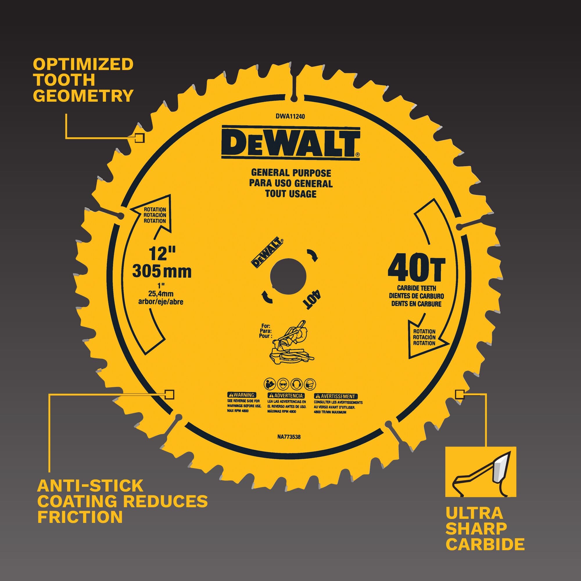 DEWALT Hoja de sierra de uso general 40T de 12 pulgadas (DWA11240)