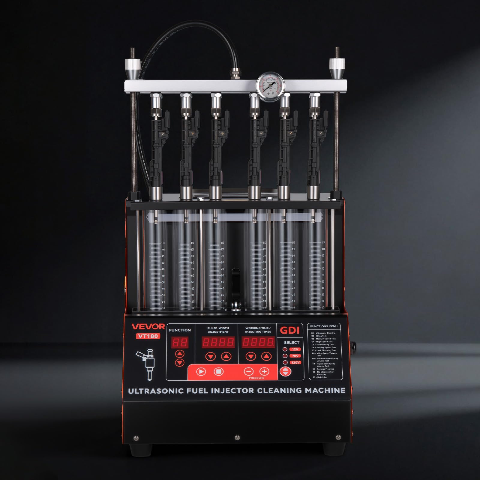 VEVOR Limpiador de Inyectores de Combustible de 6 Cilindros Máquina de Limpieza Ultrasónica 28 kHz Ajustable a 12 V/70 V/120 V para EFI/FSI/GDI, con Válvula de Drenaje para Coches, Motocicletas