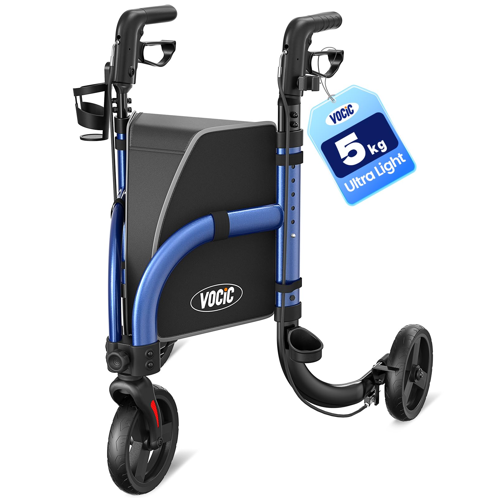 VOCIC Andador estrecho para apartamento con 3 ruedas, 4,9 kg, Z25 Andador plegable y ligero & para ancianos, andadores con ruedas de 20 cm,soporte para bastones & bebidas,MAX 136kg,azul
