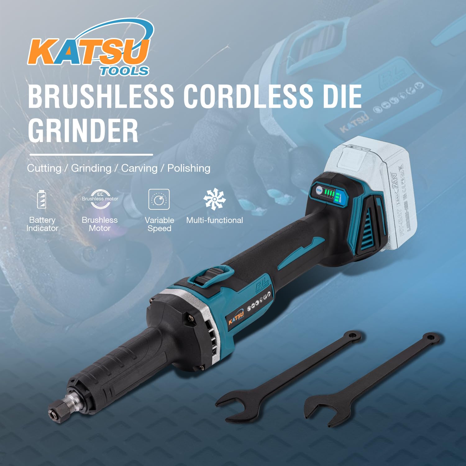 KATSU FIT-BAT 21V Brushless Smerigliatrice Assiale Smerigliatrice Dritta a Batteria con 6mm Mandrino e 4 Velocità Variabili, senza Batteria 102319