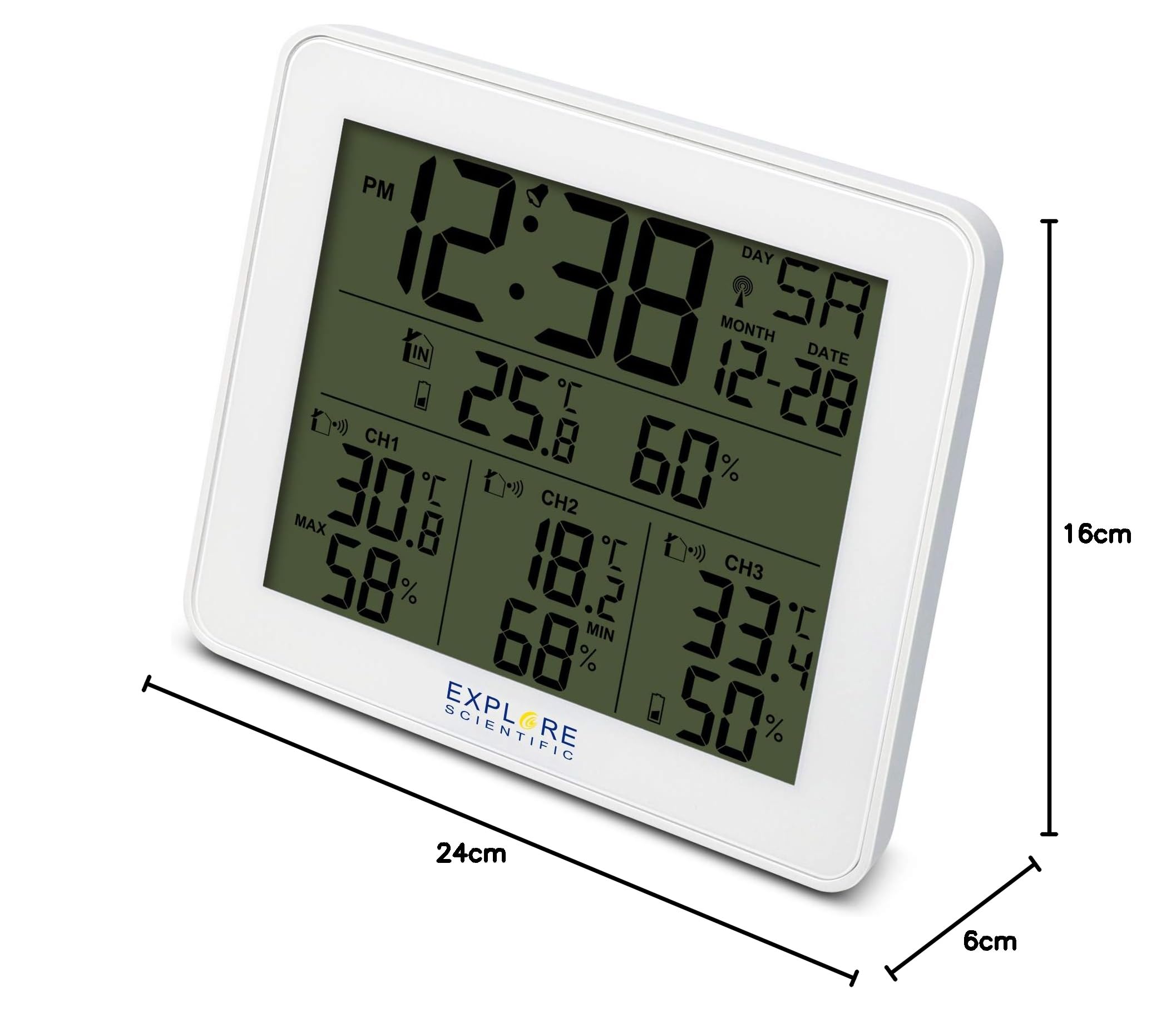 Explore Scientific WSH4003 Stazione Meteo Radio-Controllata con Allarme, Display retroilluminato blu con temperatura/umidità int/ext, Memorizza storico dati, 3 sensori inclusi, Bianco