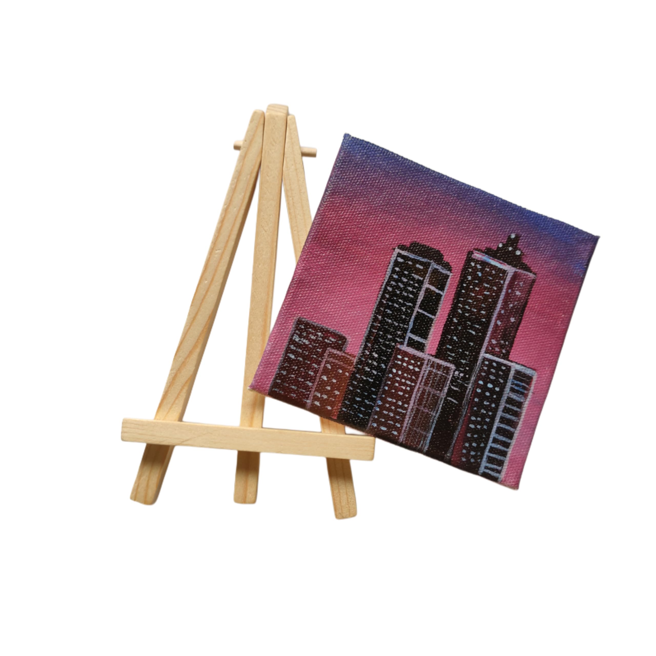 BHAGATH ART STUDIO Mini Canvas Art with wooden easel stand, Tabletop Tripod Stand for Paintings, Pink Cityscape, 10cm×10cm, home decor,fine art-image-5