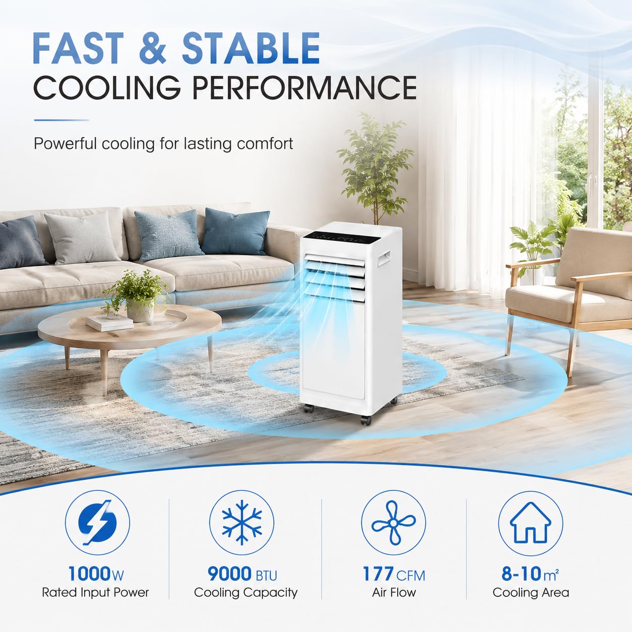 Klimatyzator Przenośny 9000 BTU 1000 W, Klimatyzacja Mobilna z Rurą Odprowadzającą, 2 Prędkości, Wyświetlacz Cyfrowy, Pilot, do Sypialni, Gabinetu i Małych Pomieszczeń, na co dzień