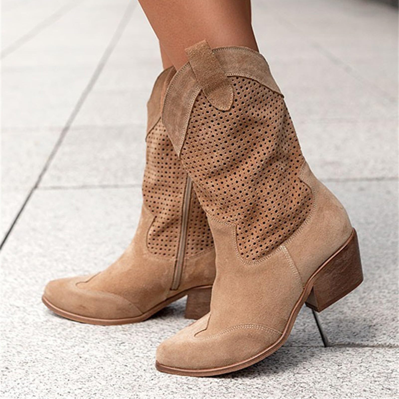 Bottes Femme,Santiag Femme, Demi Bottes En Daim Bottes,Occidentales Hautes Bottes,Pointues À Talons Bas Bottes, Mi Longues En Daim Perforé Chaussures Pour,Femmes Bottes Longues, Cowboy Stiefeletten