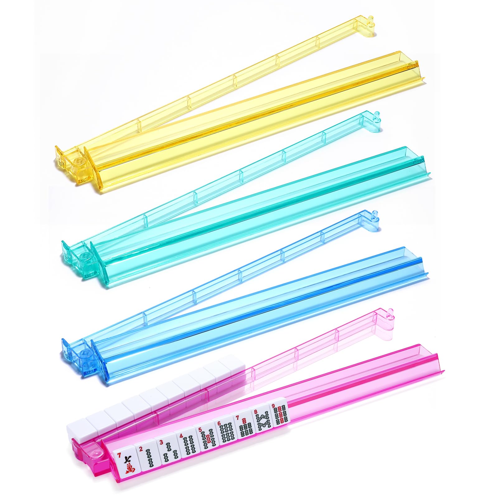 Mahjong Racks with Pushers, 4PCS Mahjong All-in-One Tile Rack and Pusher, Clear Acrylic American Majiang Tile Racks with Built-in Pushers, Colorful