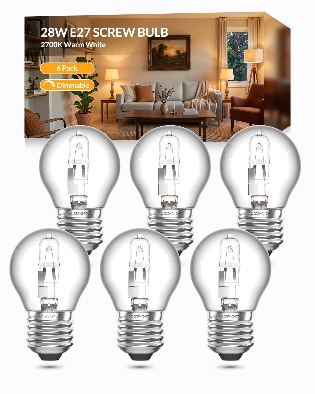 TobeBright 28W E27 Golf Ball Bulb 2700K Warm White Dimmable 6 Pack