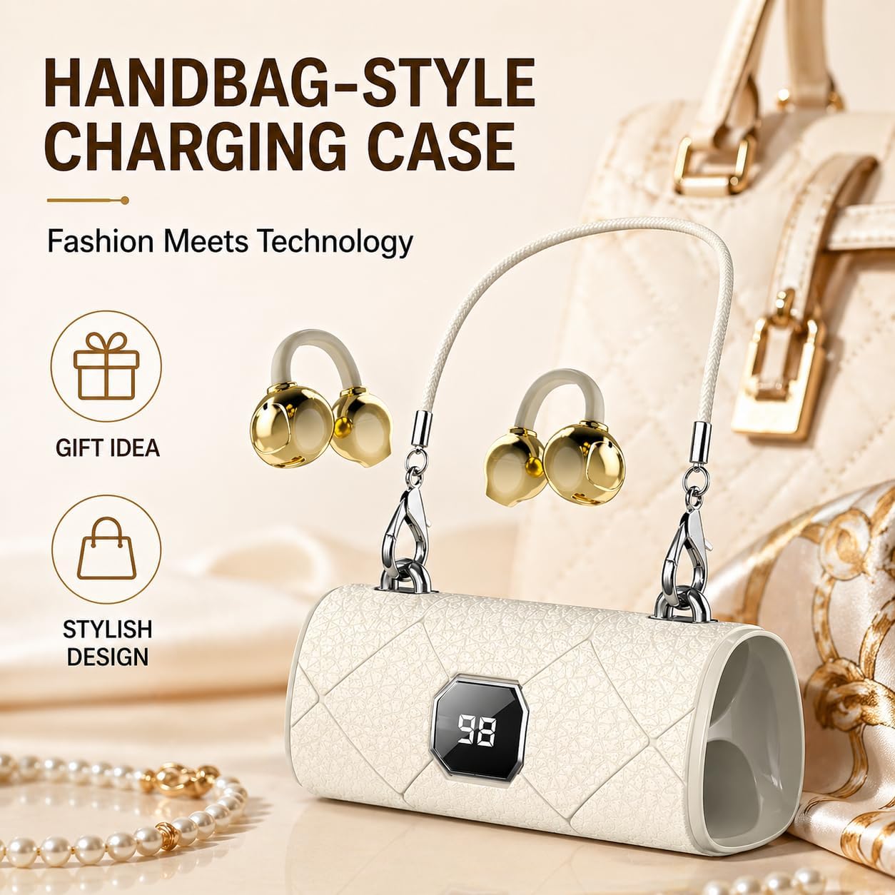 Clip-on Bluetooth Earbuds with Handbag-Style Charging Case, Wireless Open-Ear Headphones, LED Display, Lightweight & Comfortable, Secure Fit for Sports, Calls & Daily Use (White)