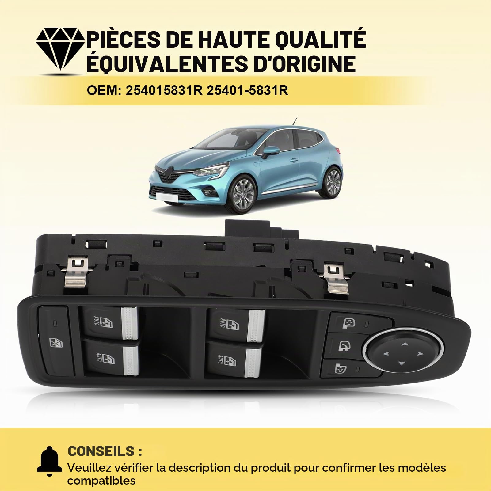 Interrupteur Commutateur Lève-Vitre Conducteur Gauche pour Renault Clio V Captur II 254015831R Bouton de Contrôle Électrique Des Vitres 25401-5831R
