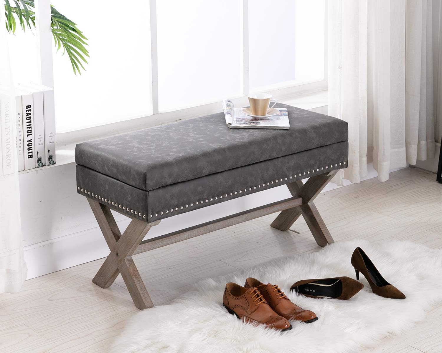 chairus PU Leather Upholstered Storage Entryway Bench, 36 inch Bedroom Bench Seat with X-Shaped Wood Legs for Living Room, Foyer or Hallway - Gray