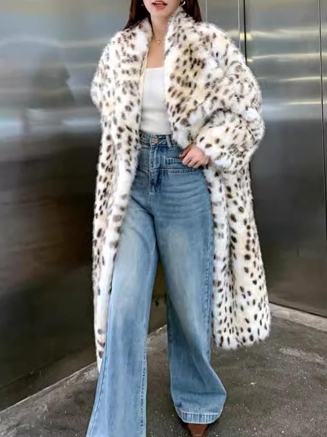 Womens Faux Fur Leopard Long Coat Lapel Cardigan Fur Jacket Winter Thermal Outerwear