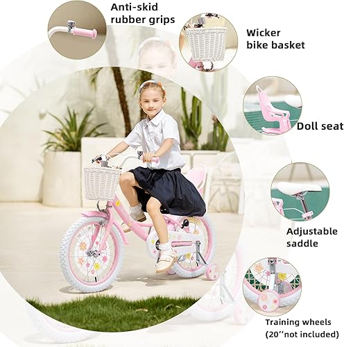Miniatura 4 de Bicicleta para niñas con cesta para niños pequeños y niños de 3 a 14 años, 14, 16, 18 pulgadas, con ruedas de entrenamiento y asiento de muñeca, 20