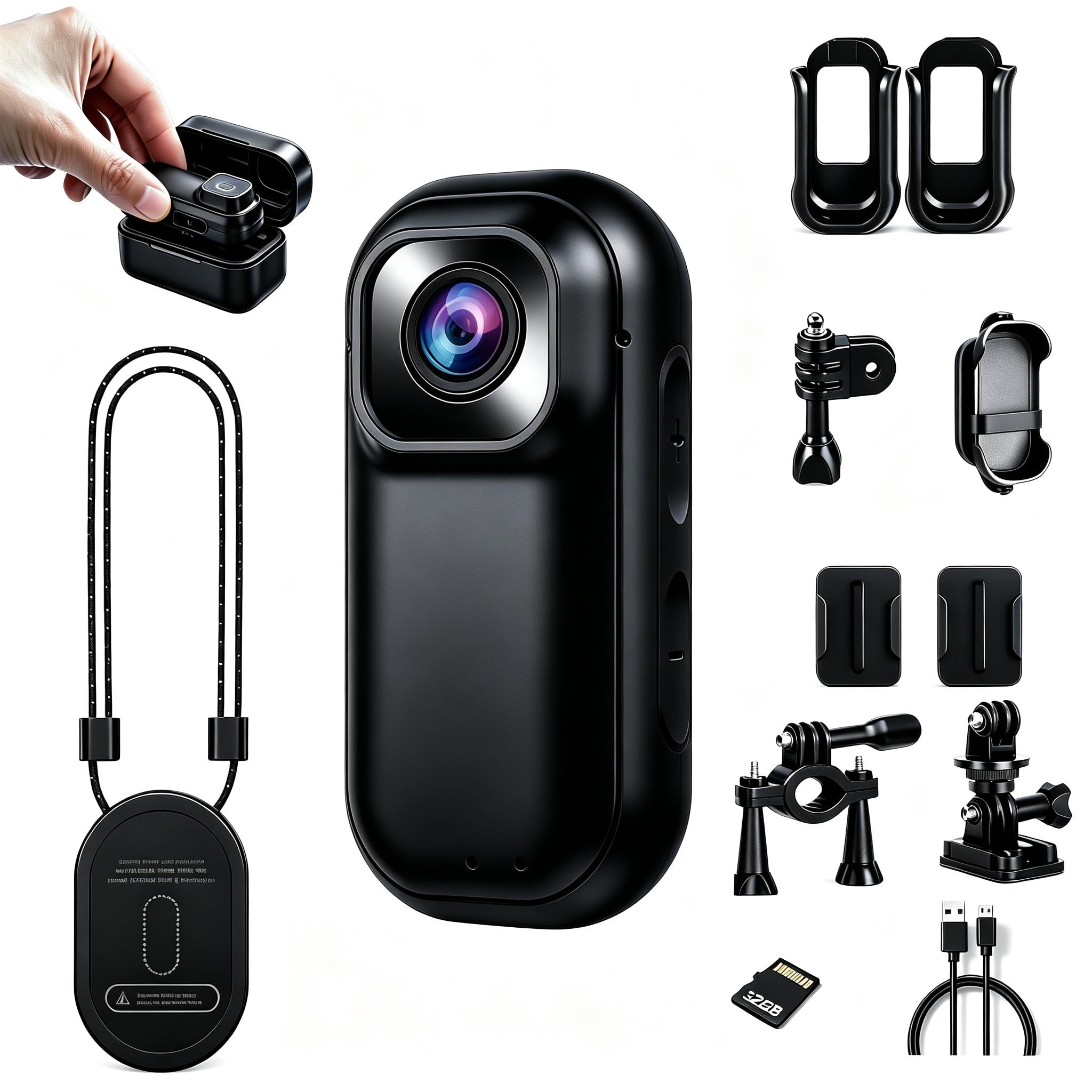 Xilecam 2,7K Magnetische Mini Bodycam, Spritzwasserfest mit Ladecase | Action Cam mit 16GB, POV Kamera Inklusive Mini-Ladecase mit 500 Min Akkulaufzeit, Geeignet für Radfahren und Vlogging