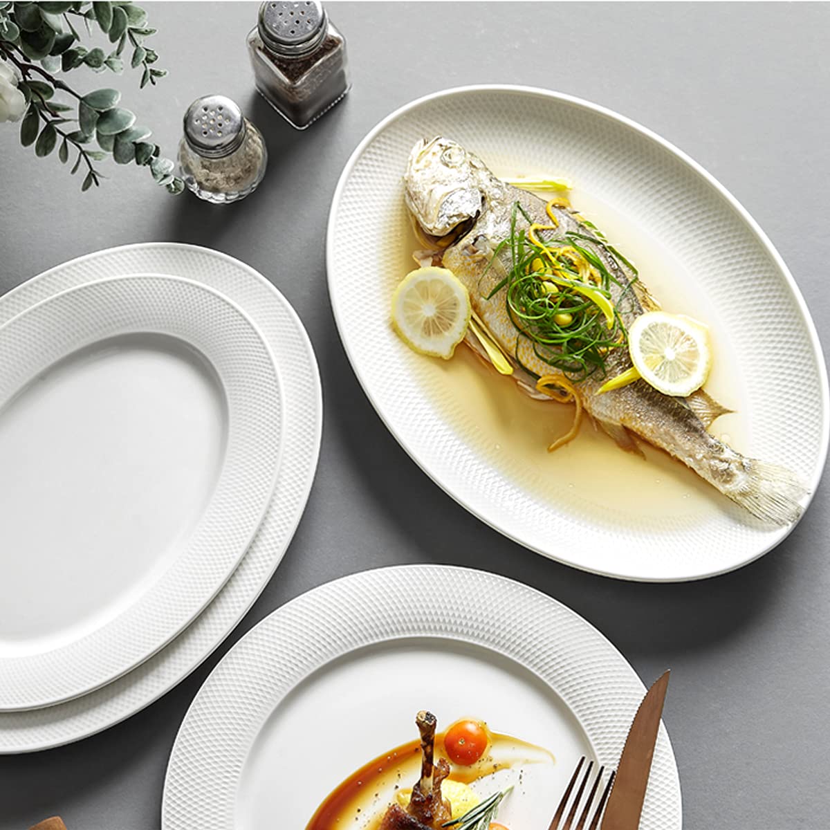 Platos de cena, vajilla de cerámica, juego de vajilla, plato de cena, plato de fruta creativo, plato de pescado al vapor casero, plato de cena casero de cerámica, plato de pescado grande oval