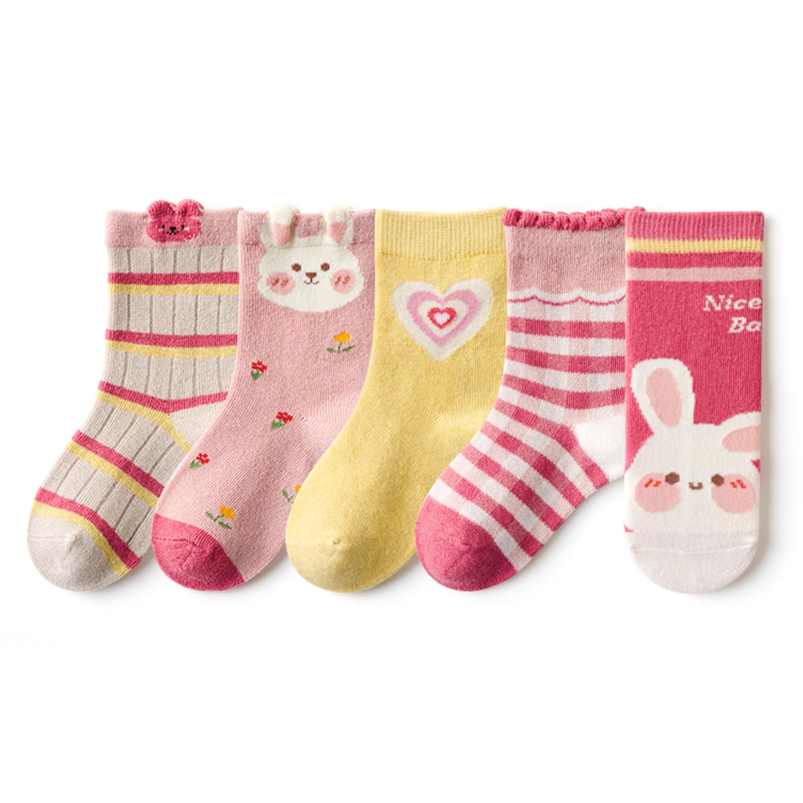 Bacnlip 5 Pairs Girls Boys Calf Socks Kids Cotton Soft Toddler Novelty Animal Socks(Rabbit, 6-8 Years)
