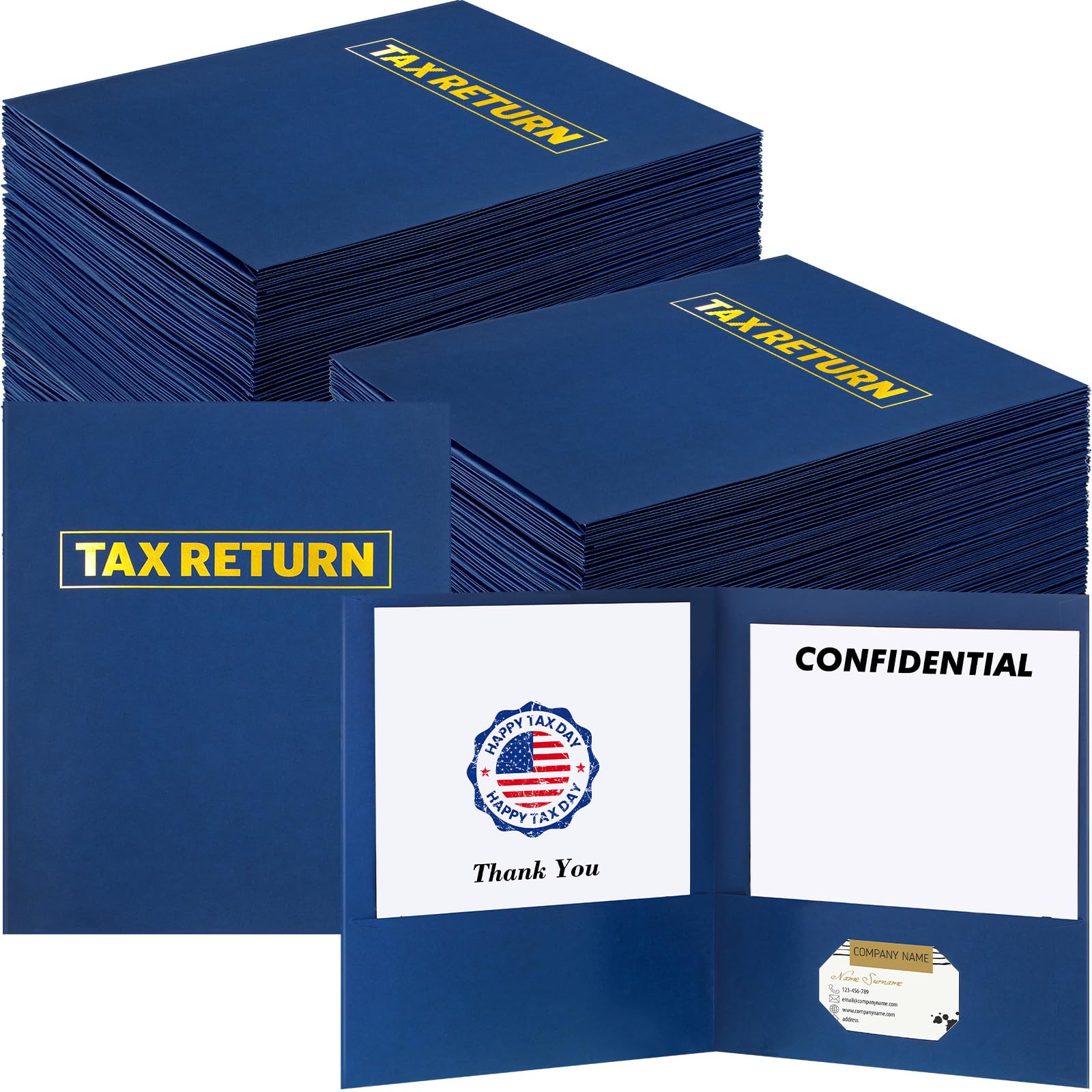 50 Pcs Tax Return Folders Bulk, Two Pocket Folders with Gold Printed Label, Letter Size Folders for Tax Professionals and Storing or Handling Personal and Customer Tax Returns (Dark Blue)