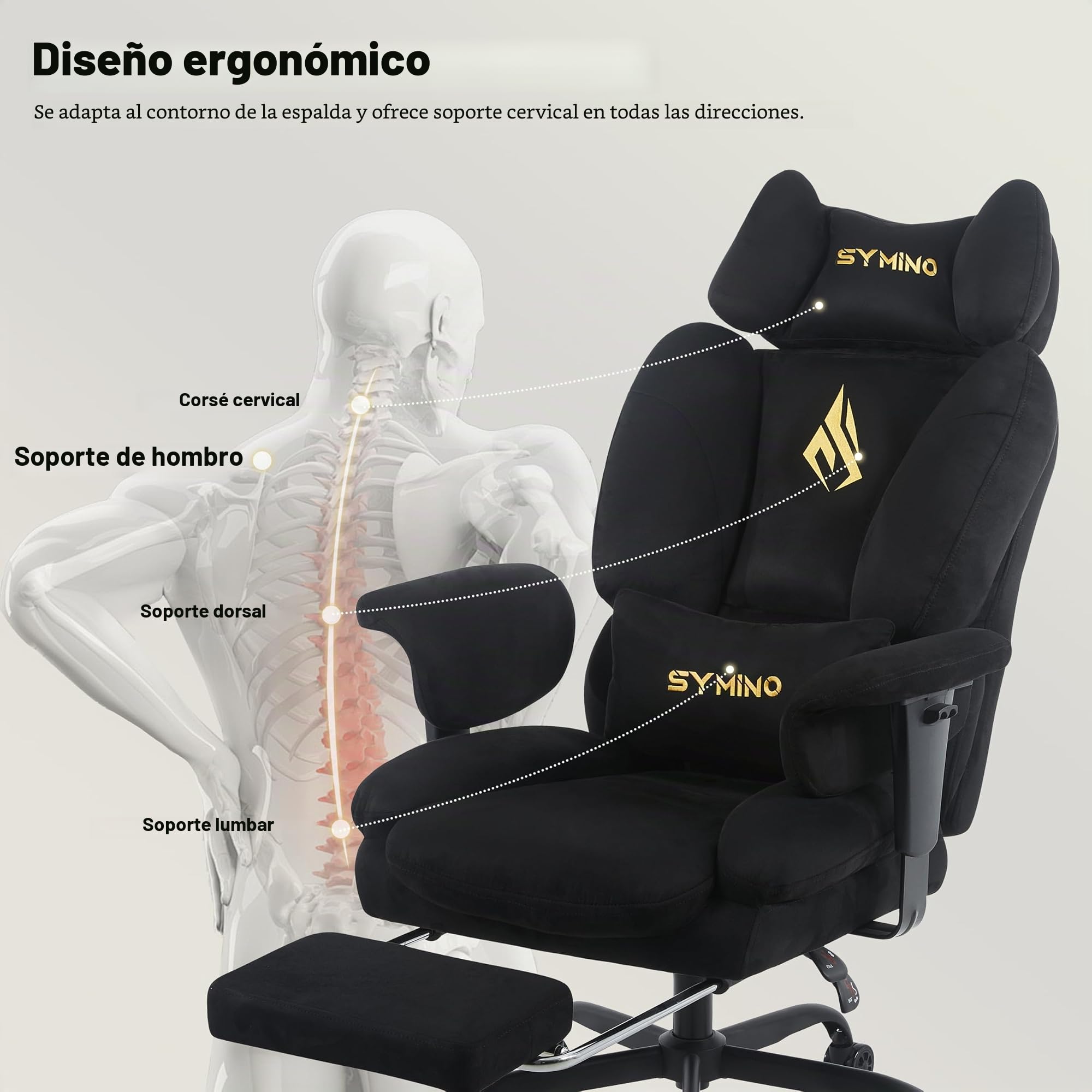 Symino Silla Gaming Ergonómica con Reposapiés - Silla Gamer de Oficina Reclinable 90-155° con Reposabrazos Ajustable - Adultos hasta 130kg (Negro)